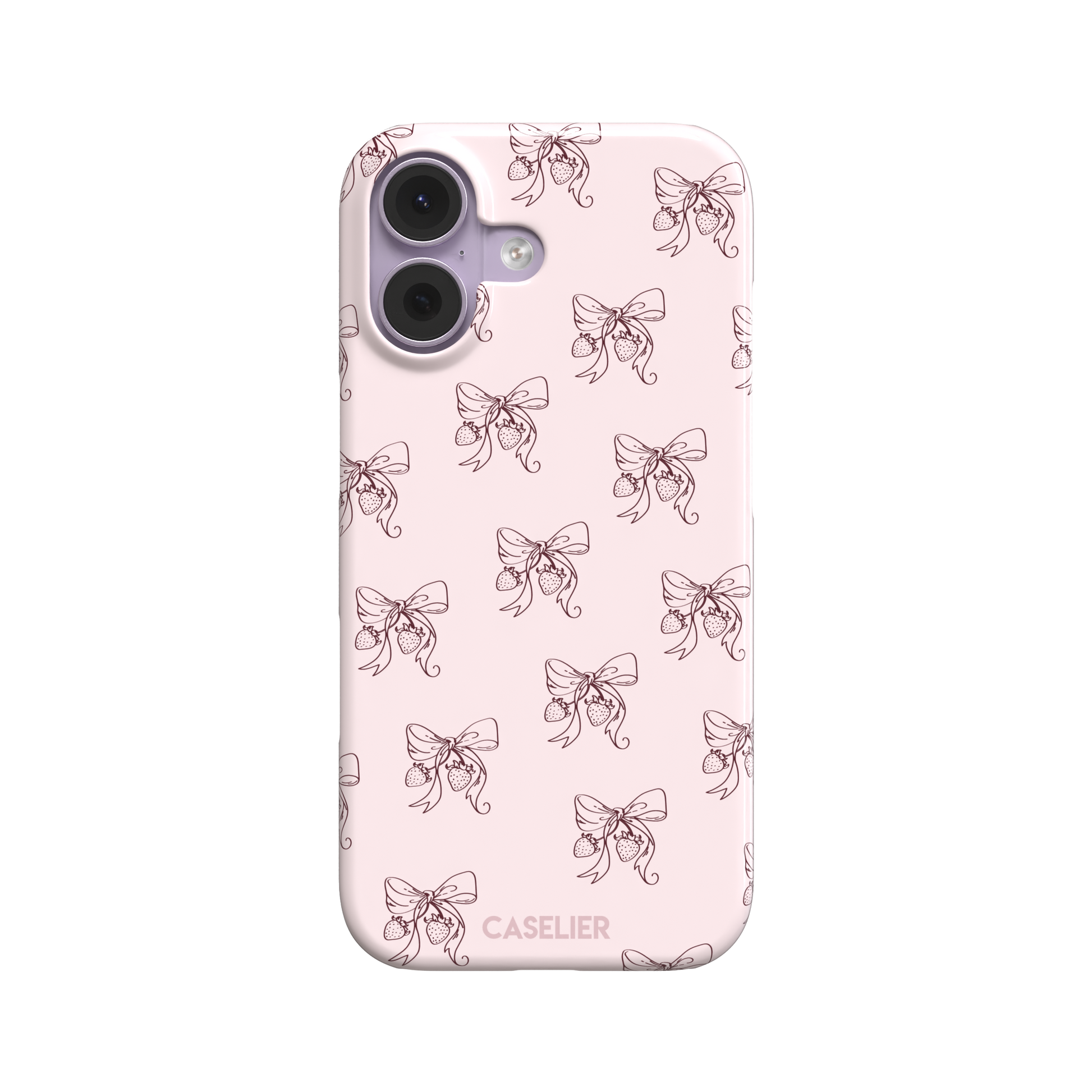 Strawberry Bows phone case in blush pink with an all-over pattern of line-drawn ribbon bows and hanging strawberries, phone case by Caselier — snap case, front view