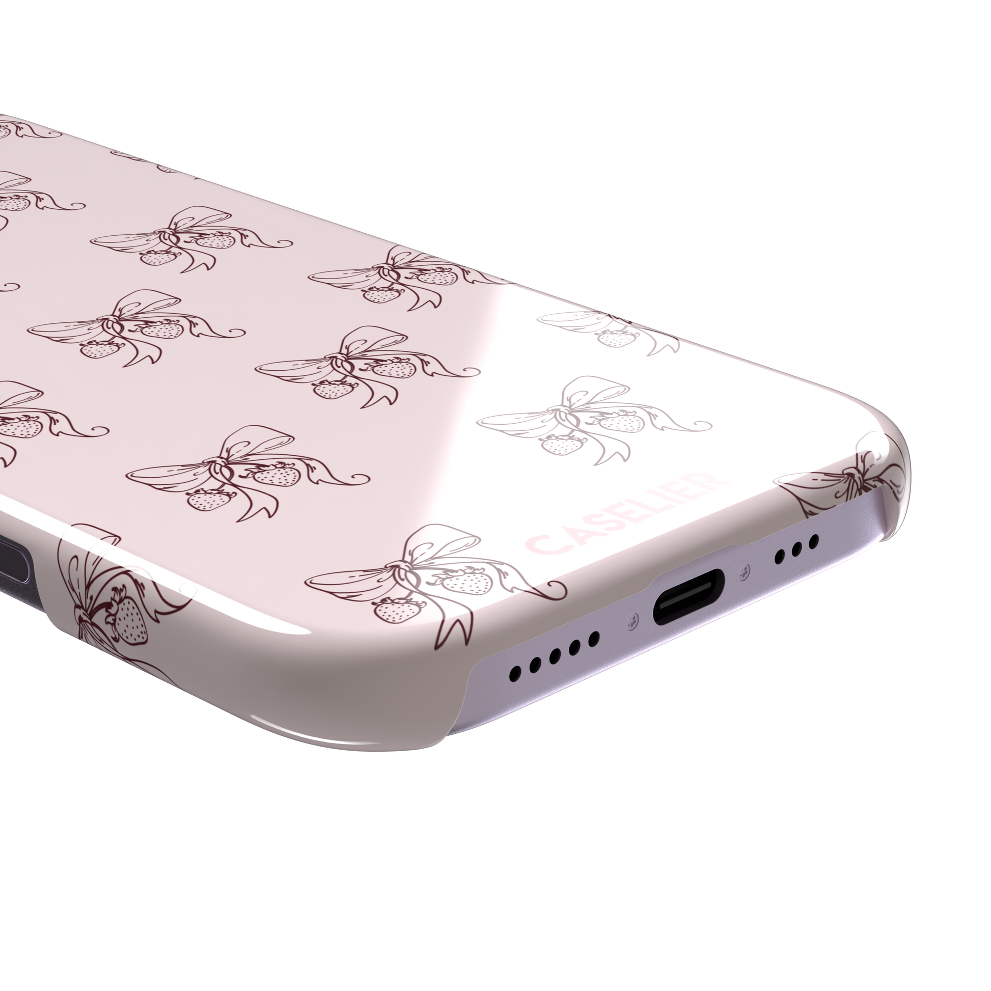 Strawberry Bows phone case in blush pink with an all-over pattern of line-drawn ribbon bows and hanging strawberries, phone case by Caselier — snap case, charging port detail