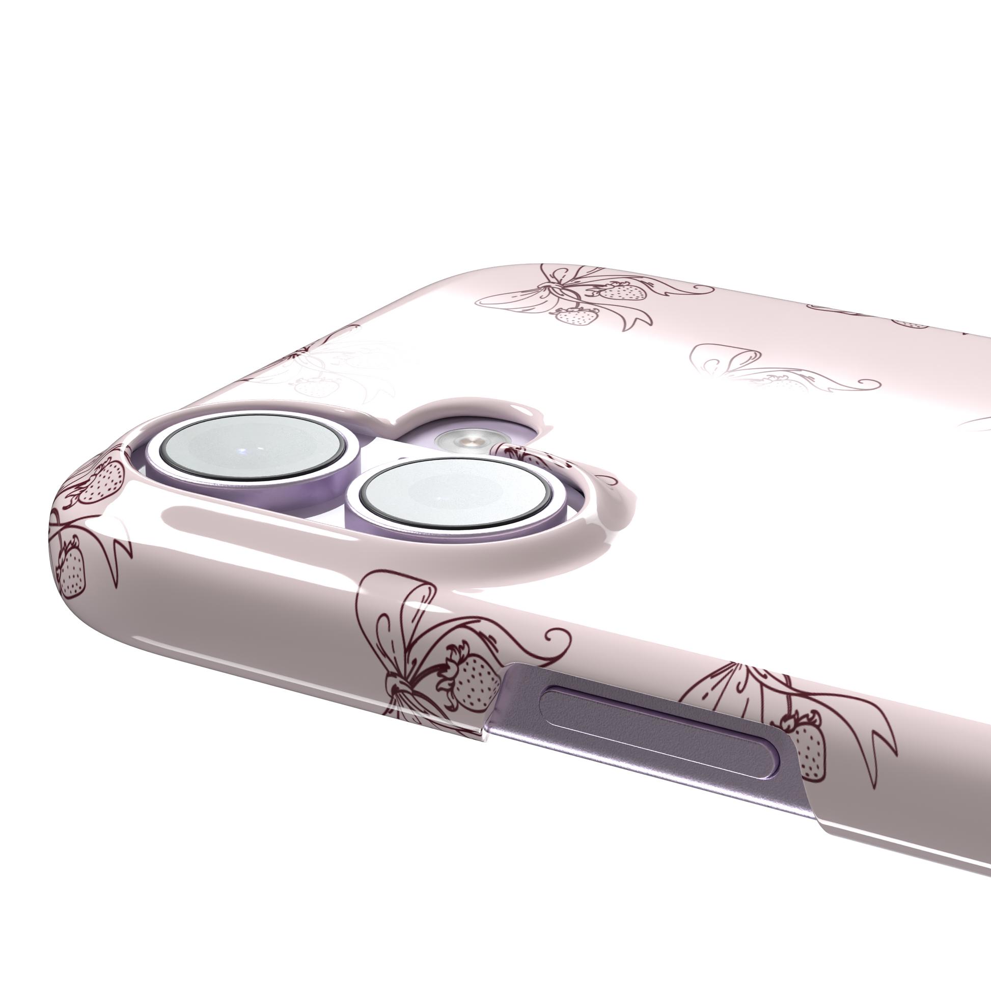 Strawberry Bows phone case in blush pink with an all-over pattern of line-drawn ribbon bows and hanging strawberries, phone case by Caselier — snap case, volume buttons detail