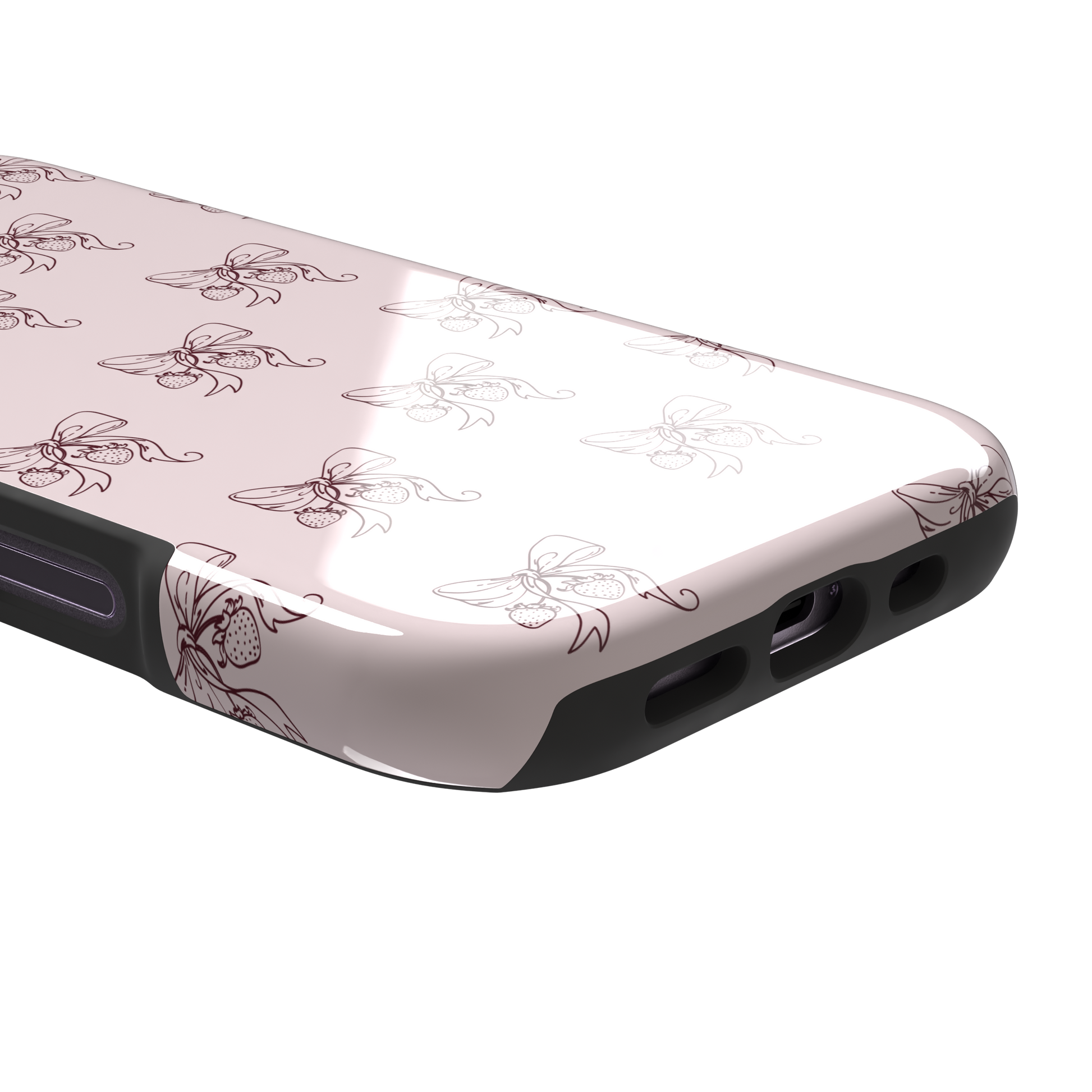 Strawberry Bows phone case in blush pink with an all-over pattern of line-drawn ribbon bows and hanging strawberries, phone case by Caselier — tough case, charging port detail