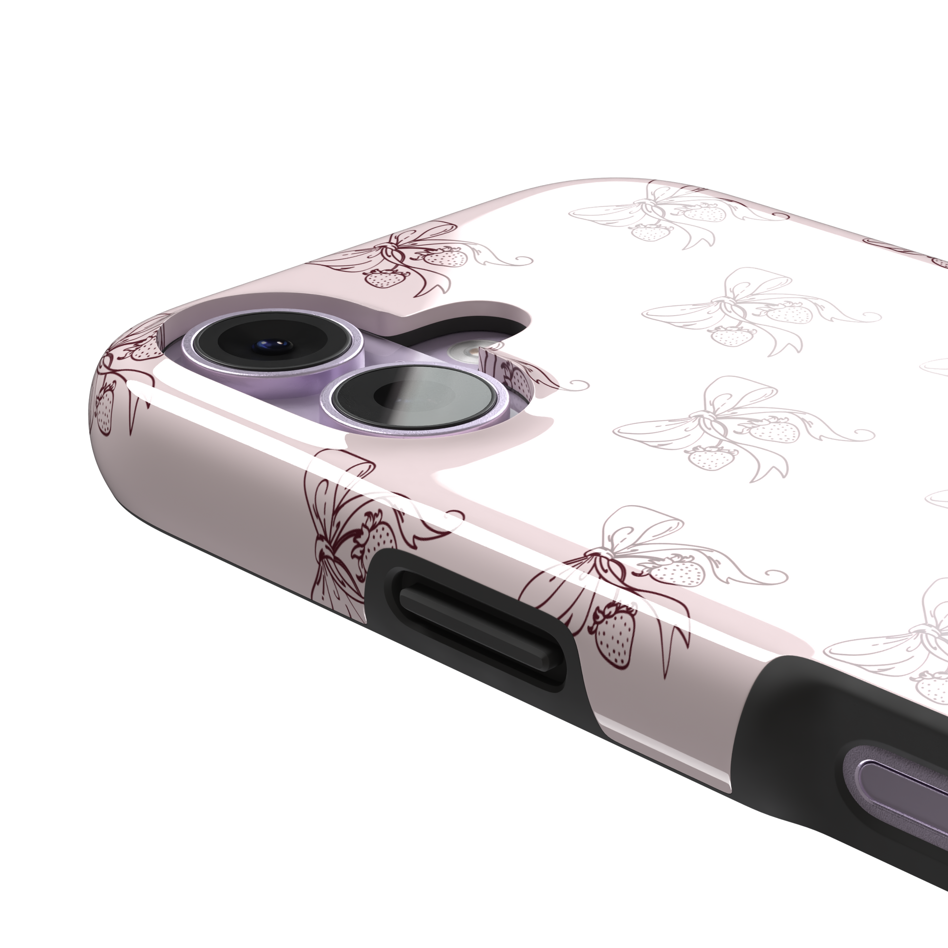 Strawberry Bows phone case in blush pink with an all-over pattern of line-drawn ribbon bows and hanging strawberries, phone case by Caselier — tough case, volume buttons detail
