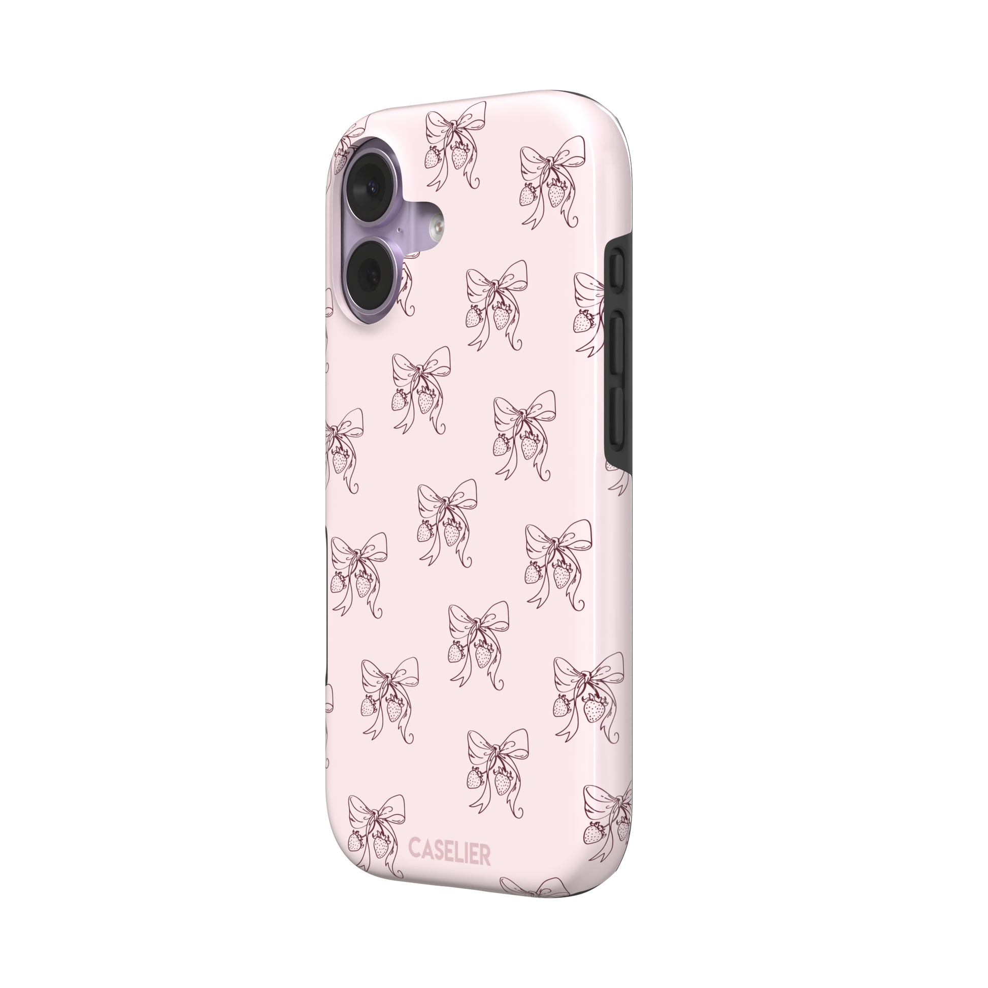 Strawberry Bows phone case in blush pink with an all-over pattern of line-drawn ribbon bows and hanging strawberries, phone case by Caselier — tough case, right view