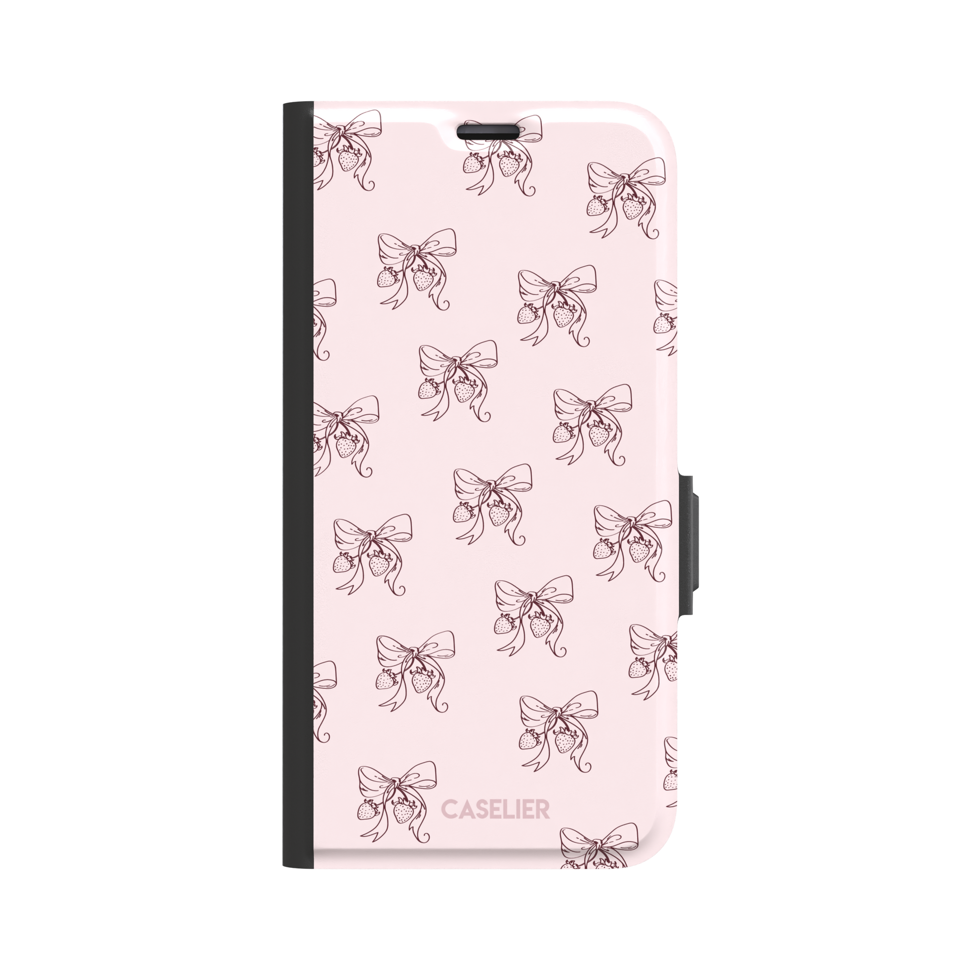 Strawberry Bows phone case in blush pink with an all-over pattern of line-drawn ribbon bows and hanging strawberries, phone case by Caselier — wallet case, front view