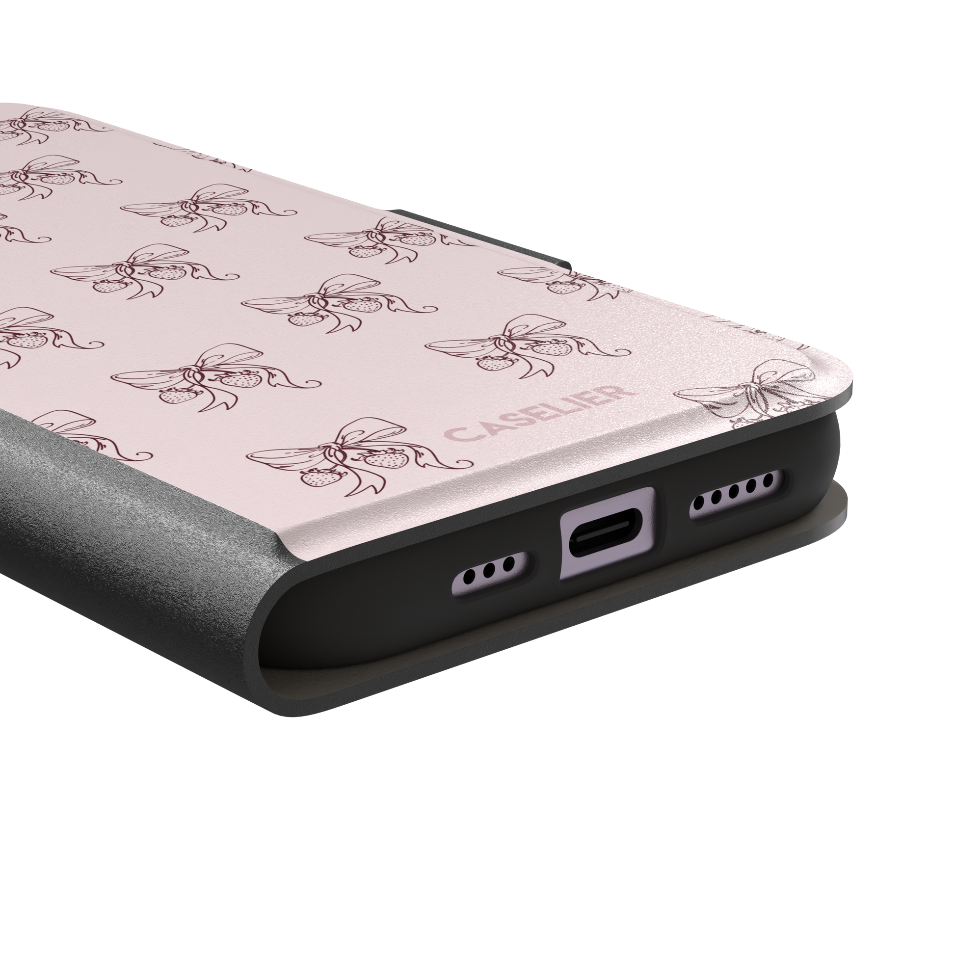 Strawberry Bows phone case in blush pink with an all-over pattern of line-drawn ribbon bows and hanging strawberries, phone case by Caselier — wallet case, charging port detail