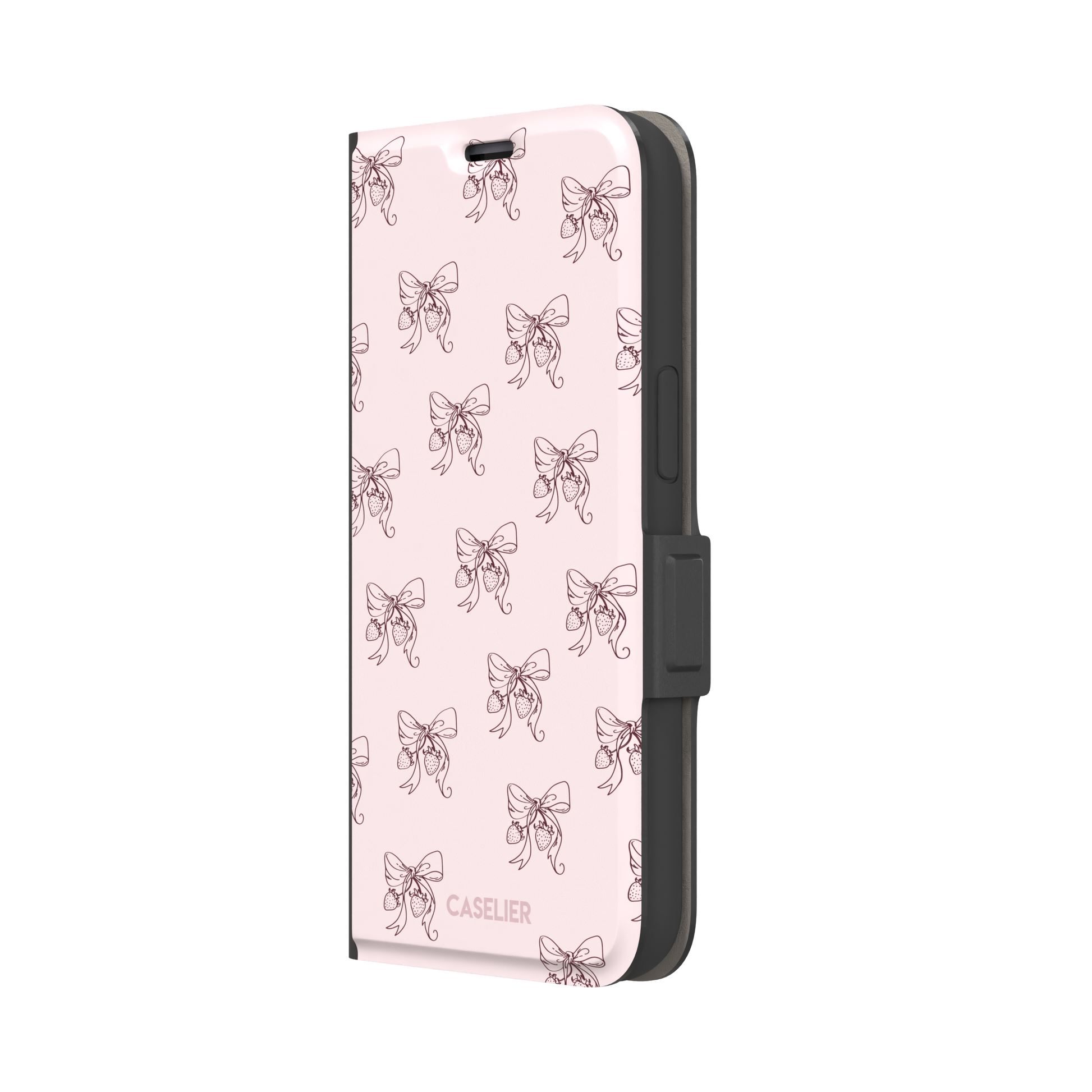 Strawberry Bows phone case in blush pink with an all-over pattern of line-drawn ribbon bows and hanging strawberries, phone case by Caselier — wallet case, right view