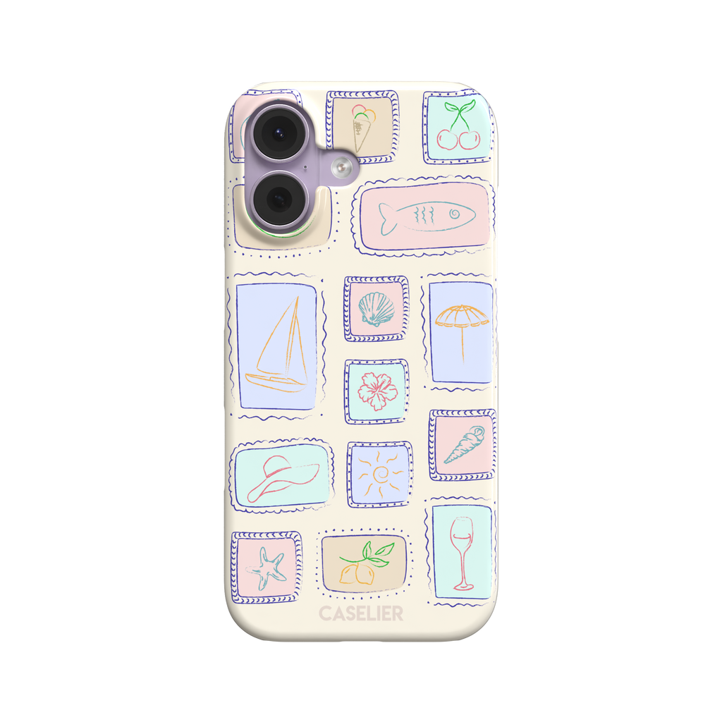 Summer Frames phone case variant with pastel-filled stamp panels in lilac, mint, peach and blue tones on a cream background, phone case by Caselier — snap case, front view