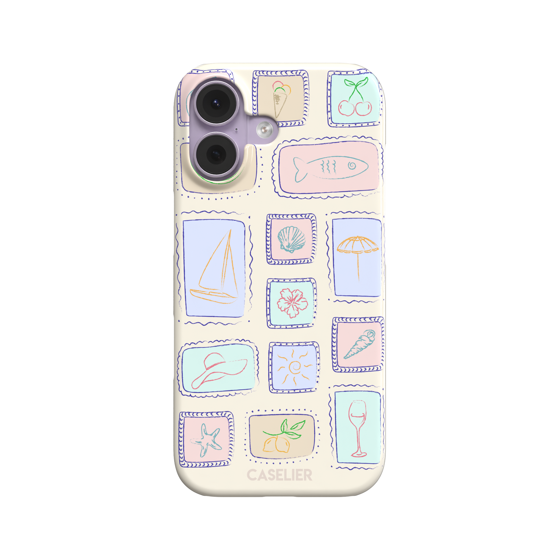 Summer Frames phone case variant with pastel-filled stamp panels in lilac, mint, peach and blue tones on a cream background, phone case by Caselier — snap case, front view