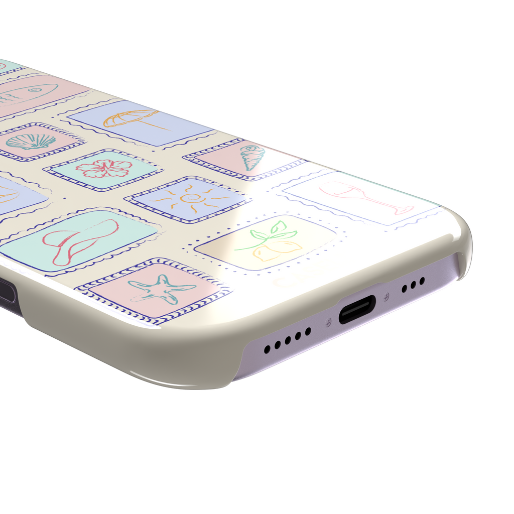 Summer Frames phone case variant with pastel-filled stamp panels in lilac, mint, peach and blue tones on a cream background, phone case by Caselier — snap case, charging port detail