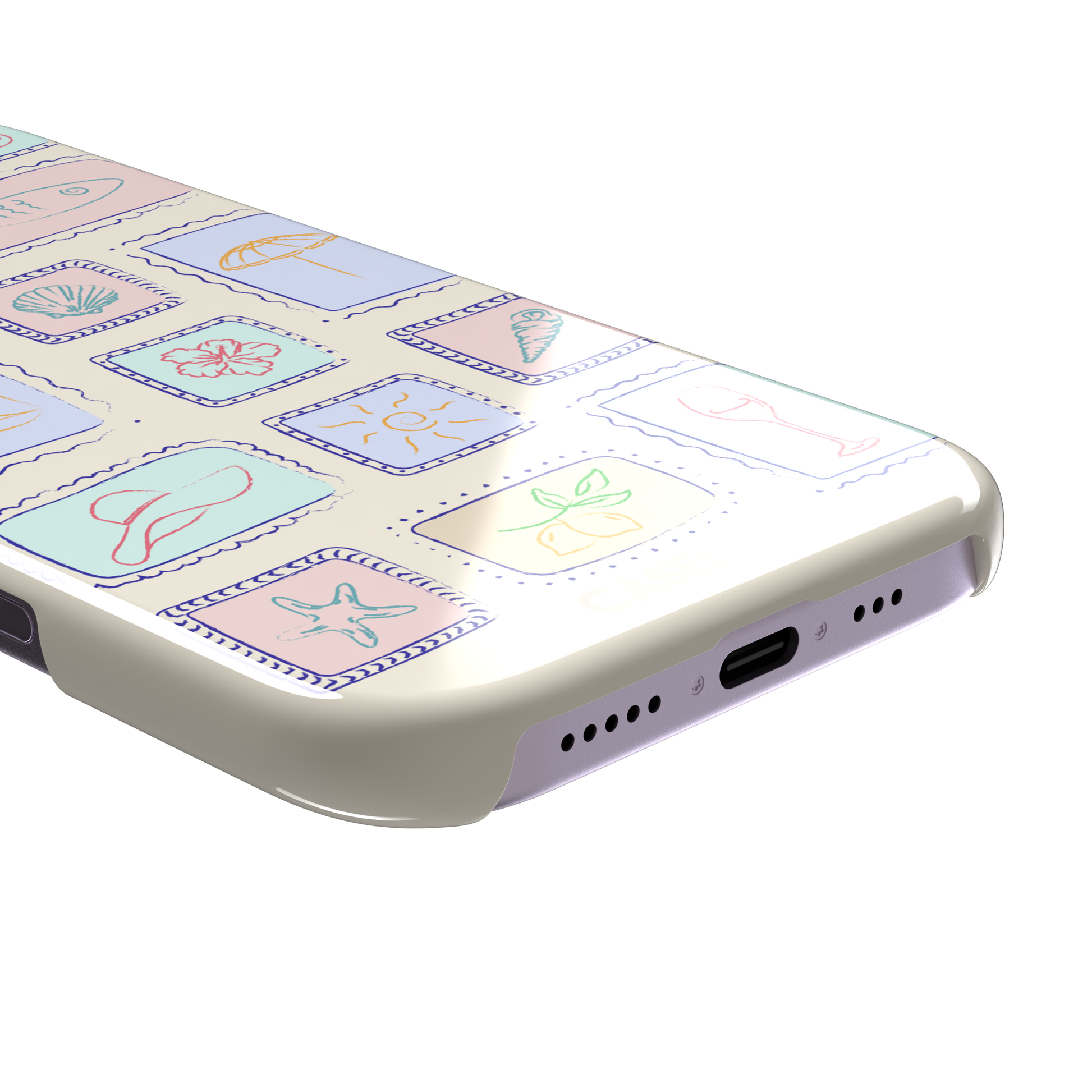 Summer Frames phone case variant with pastel-filled stamp panels in lilac, mint, peach and blue tones on a cream background, phone case by Caselier — snap case, charging port detail