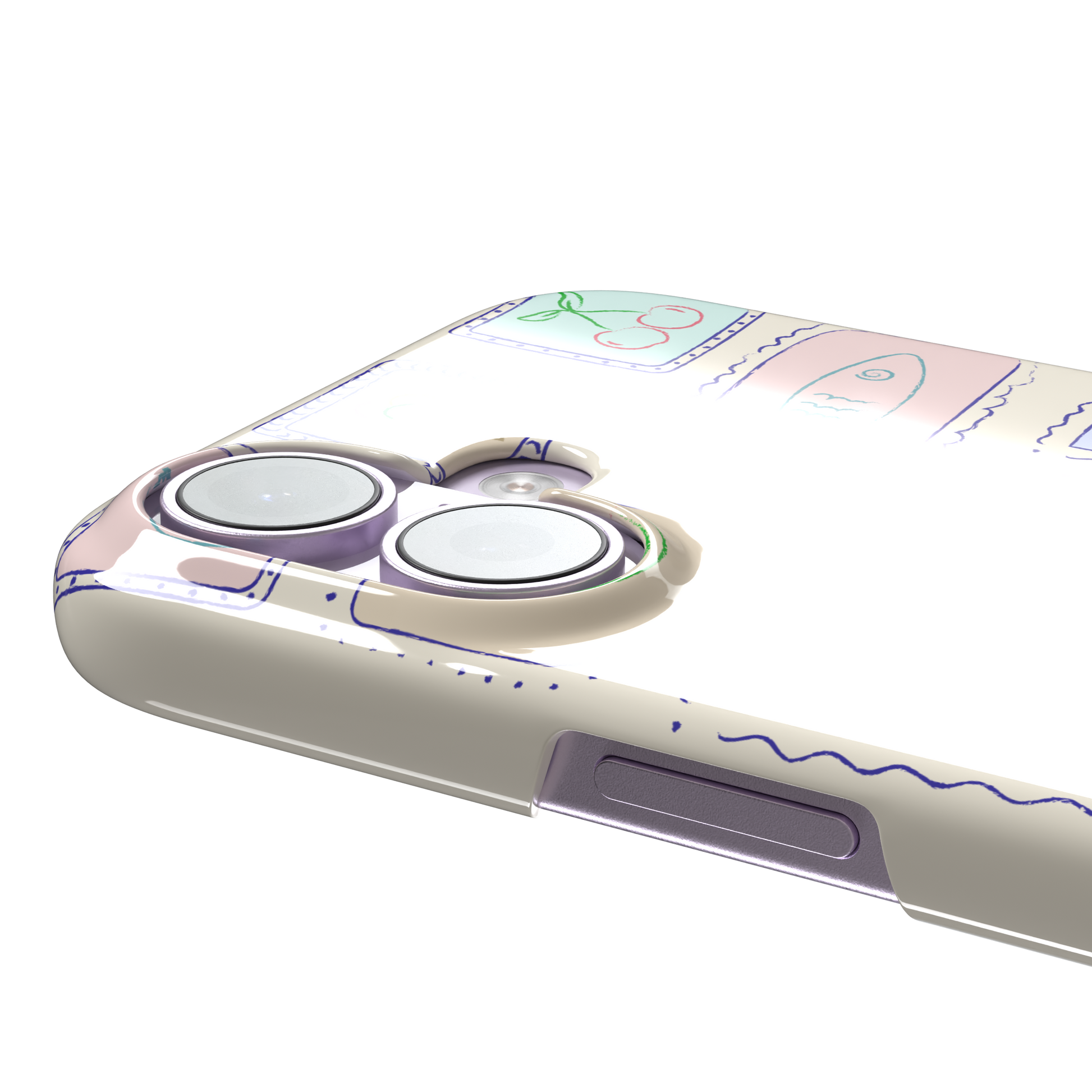 Summer Frames phone case variant with pastel-filled stamp panels in lilac, mint, peach and blue tones on a cream background, phone case by Caselier — snap case, volume buttons detail