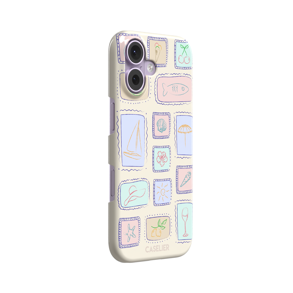 Summer Frames phone case variant with pastel-filled stamp panels in lilac, mint, peach and blue tones on a cream background, phone case by Caselier — snap case, left view