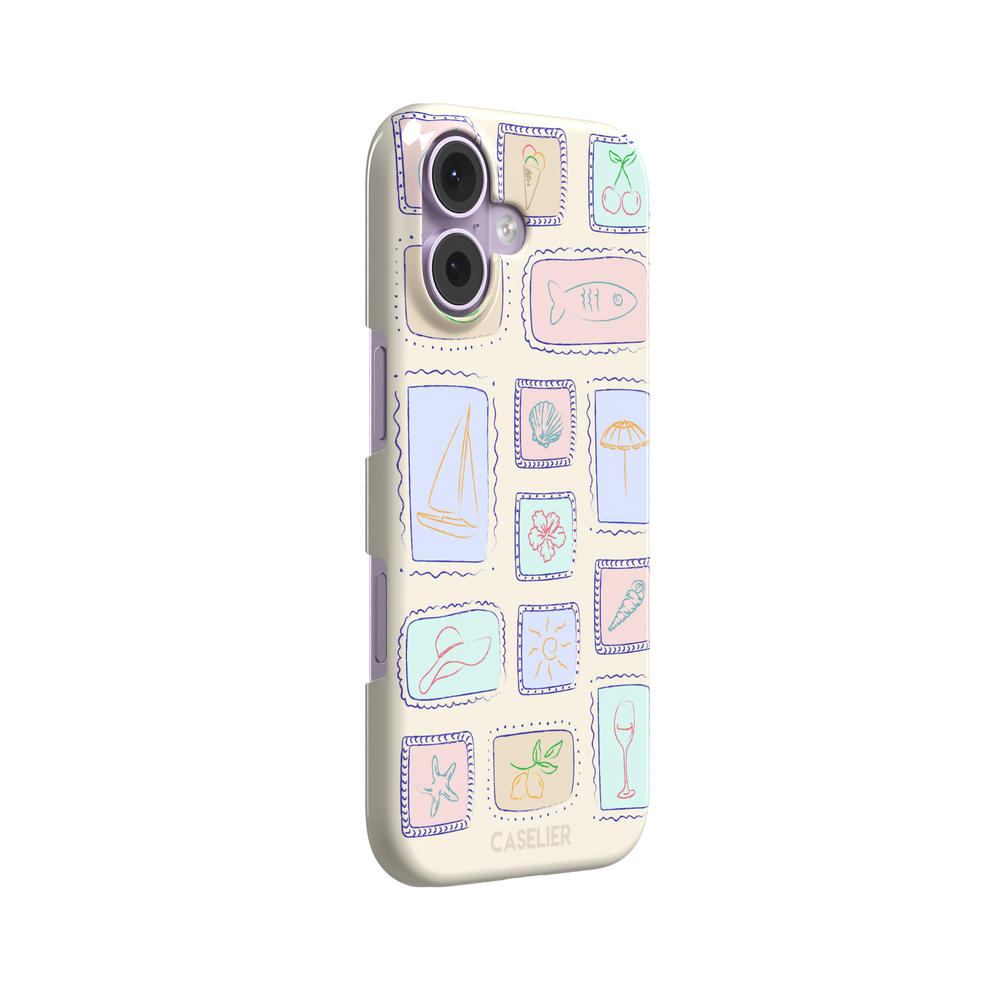 Summer Frames phone case variant with pastel-filled stamp panels in lilac, mint, peach and blue tones on a cream background, phone case by Caselier — snap case, left view