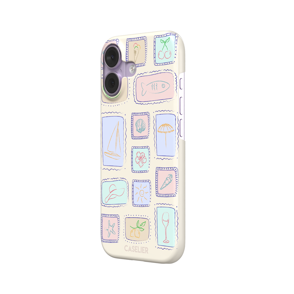 Summer Frames phone case variant with pastel-filled stamp panels in lilac, mint, peach and blue tones on a cream background, phone case by Caselier — snap case, right view