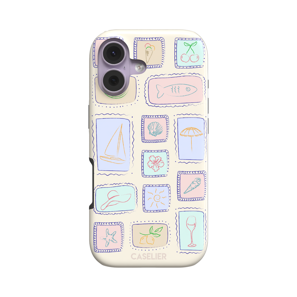 Summer Frames phone case variant with pastel-filled stamp panels in lilac, mint, peach and blue tones on a cream background, phone case by Caselier — tough case, front view