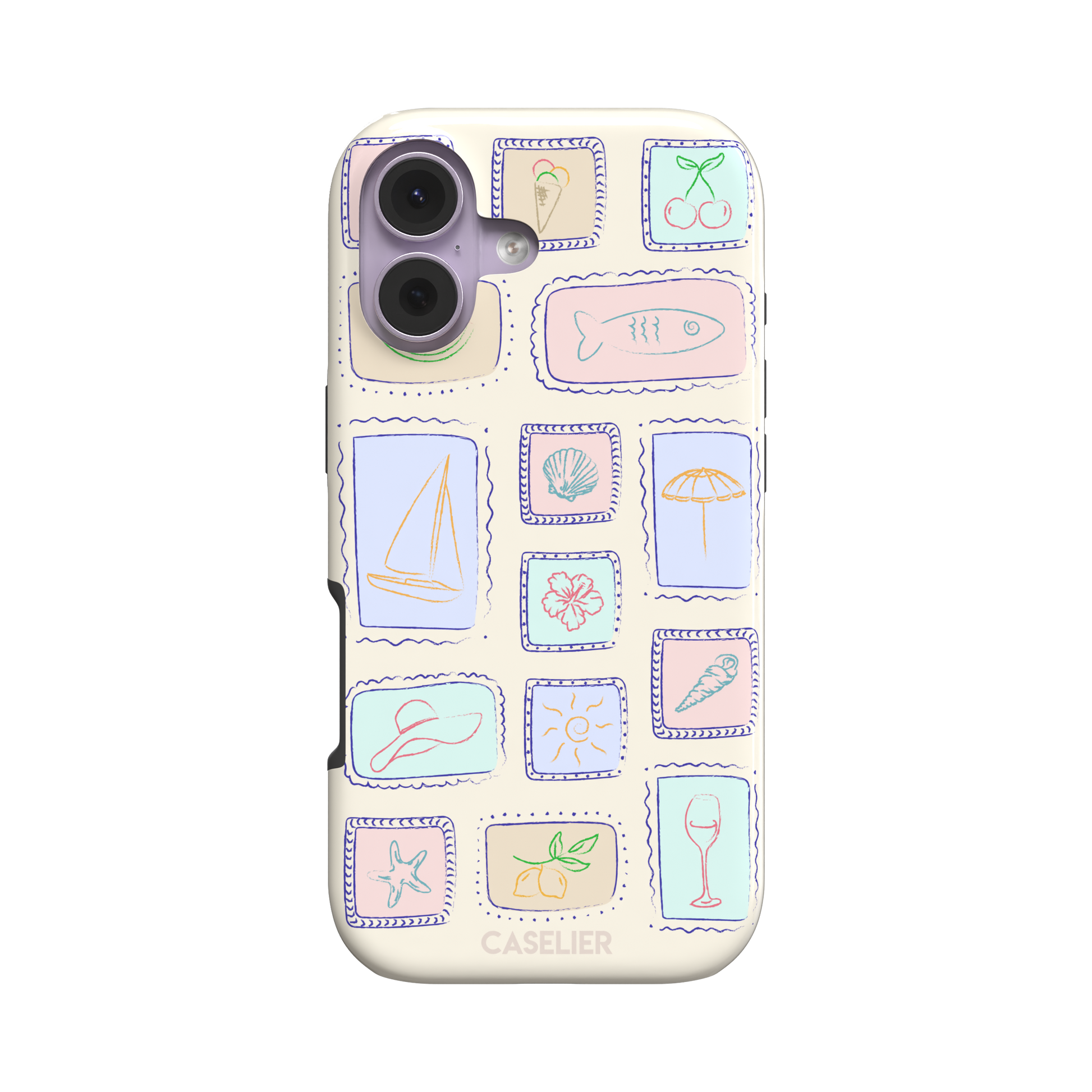Summer Frames phone case variant with pastel-filled stamp panels in lilac, mint, peach and blue tones on a cream background, phone case by Caselier — tough case, front view
