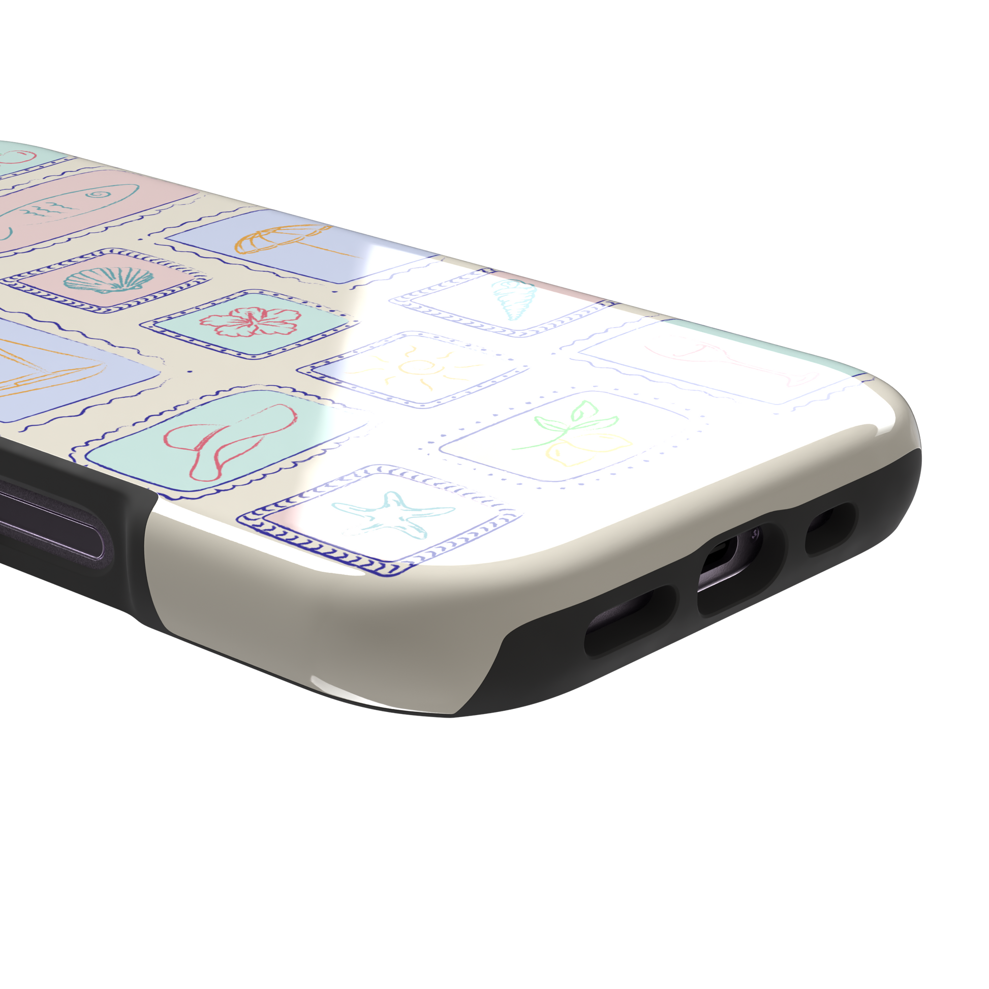Summer Frames phone case variant with pastel-filled stamp panels in lilac, mint, peach and blue tones on a cream background, phone case by Caselier — tough case, charging port detail