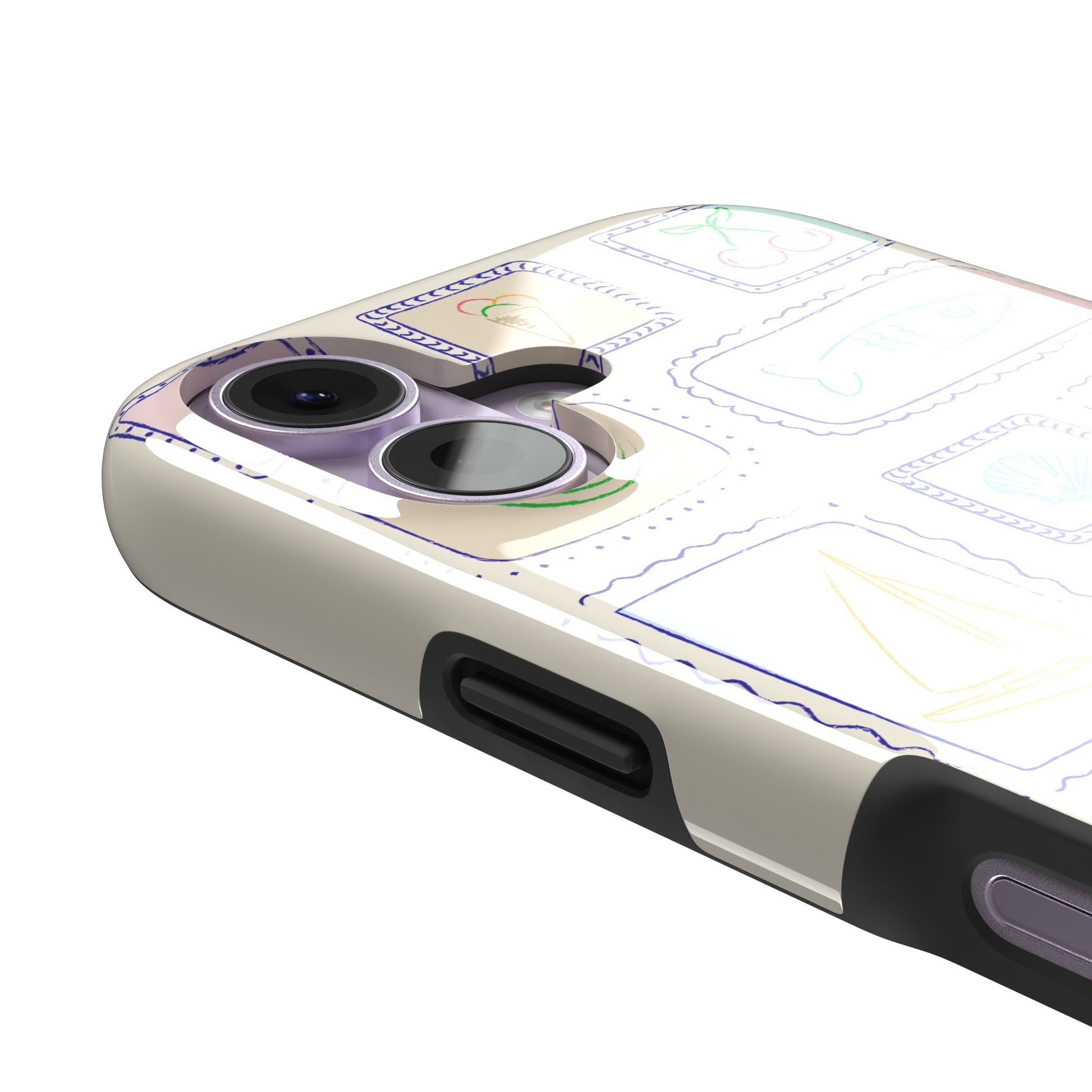Summer Frames phone case variant with pastel-filled stamp panels in lilac, mint, peach and blue tones on a cream background, phone case by Caselier — tough case, volume buttons detail