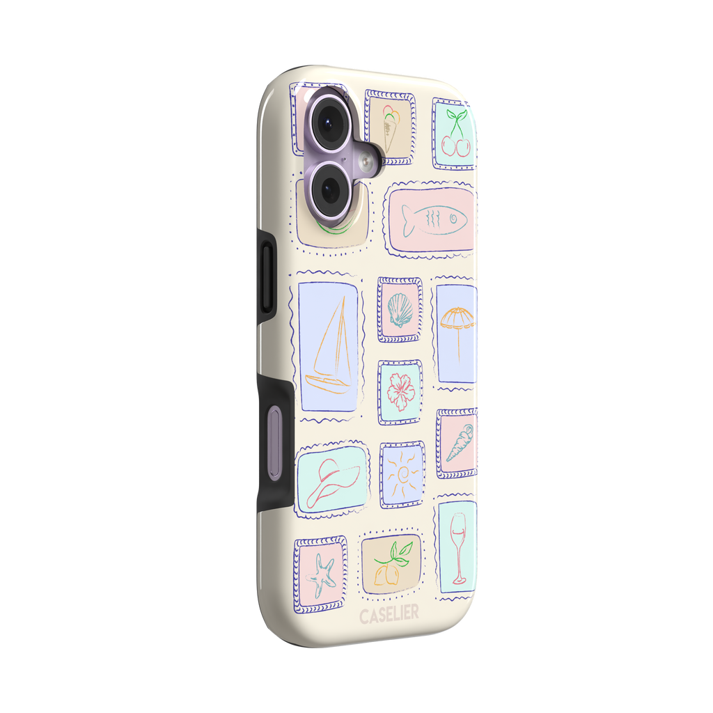 Summer Frames phone case variant with pastel-filled stamp panels in lilac, mint, peach and blue tones on a cream background, phone case by Caselier — tough case, left view