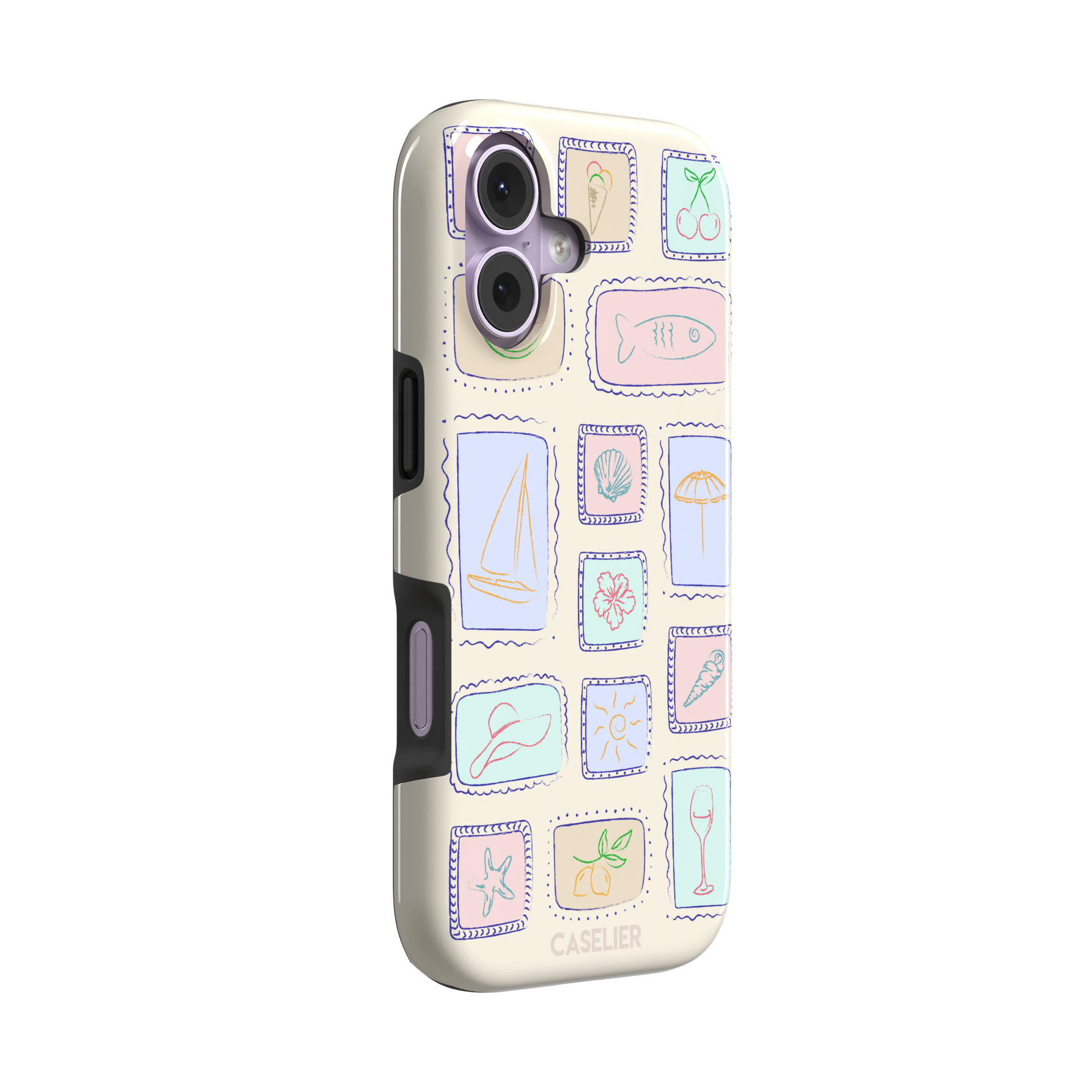 Summer Frames phone case variant with pastel-filled stamp panels in lilac, mint, peach and blue tones on a cream background, phone case by Caselier — tough case, left view