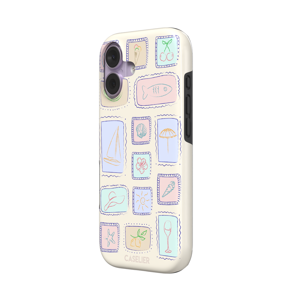 Summer Frames phone case variant with pastel-filled stamp panels in lilac, mint, peach and blue tones on a cream background, phone case by Caselier — tough case, right view