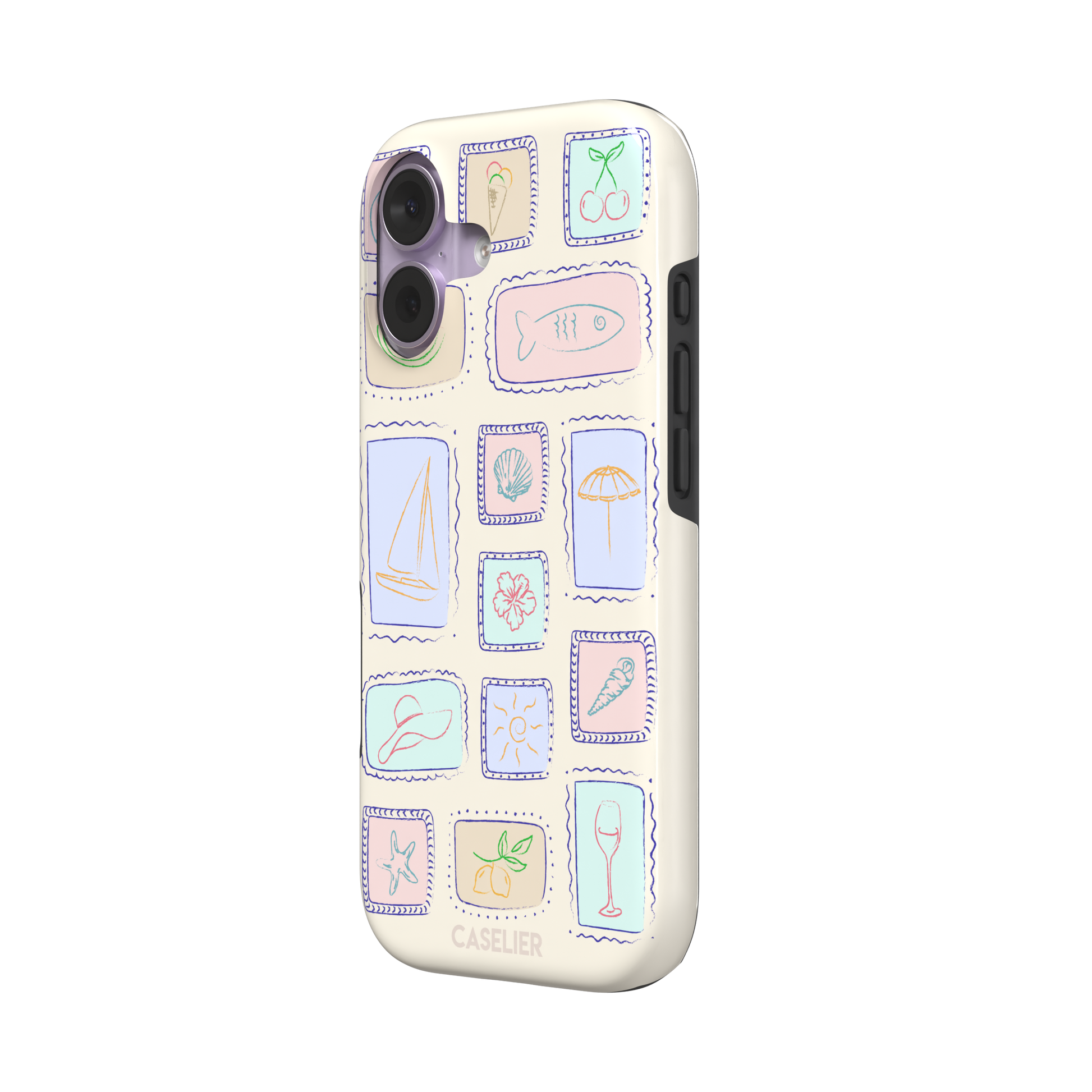 Summer Frames phone case variant with pastel-filled stamp panels in lilac, mint, peach and blue tones on a cream background, phone case by Caselier — tough case, right view