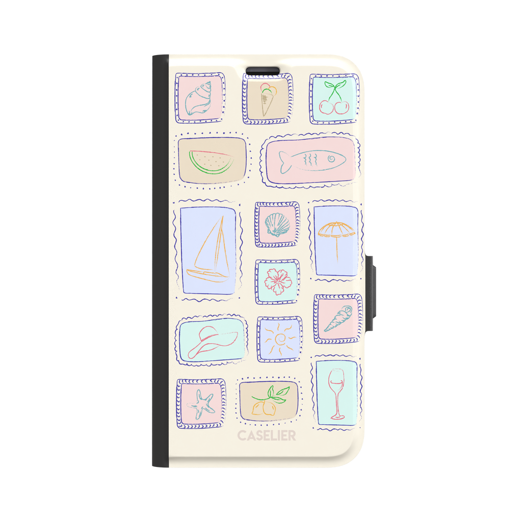 Summer Frames phone case variant with pastel-filled stamp panels in lilac, mint, peach and blue tones on a cream background, phone case by Caselier — wallet case, front view