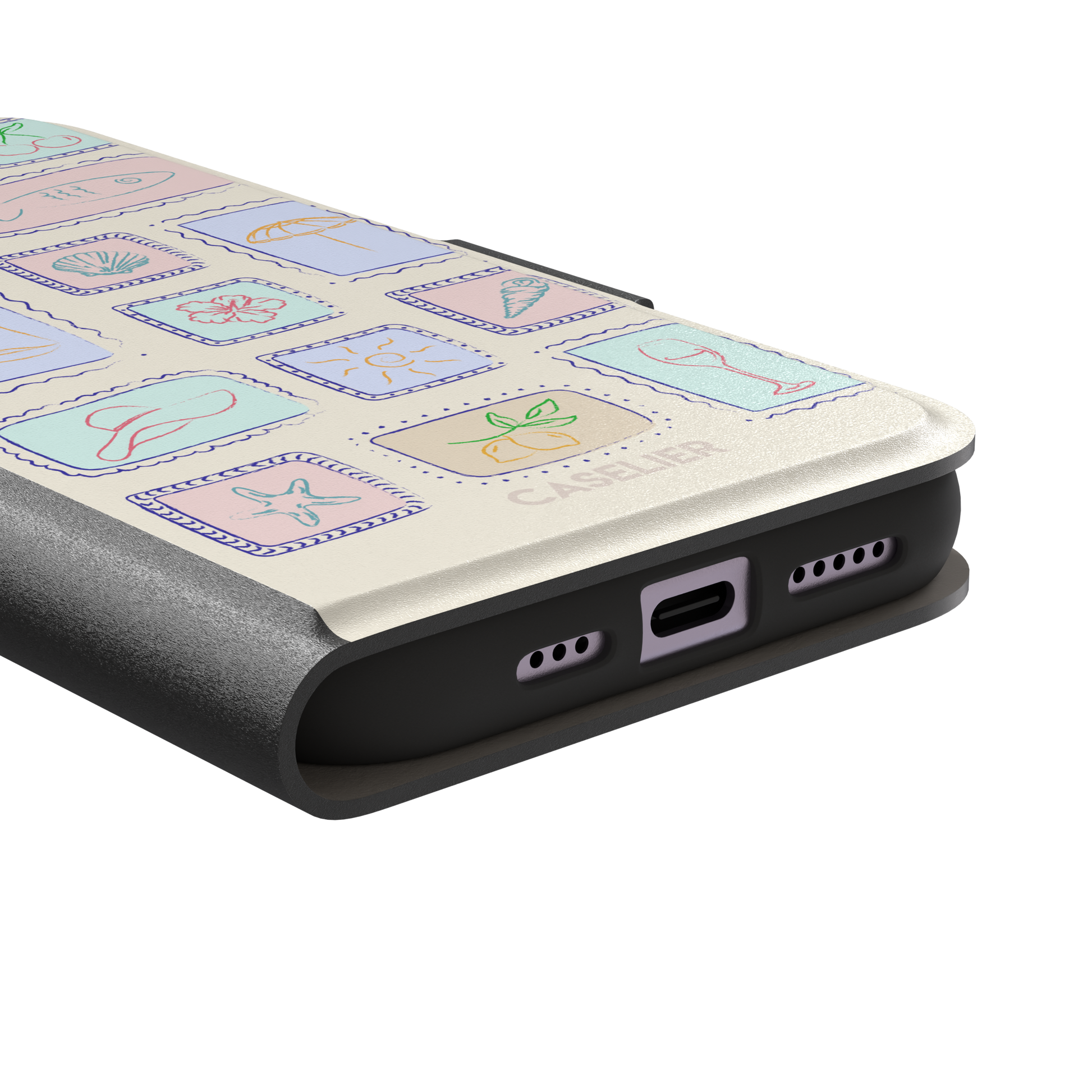 Summer Frames phone case variant with pastel-filled stamp panels in lilac, mint, peach and blue tones on a cream background, phone case by Caselier — wallet case, charging port detail