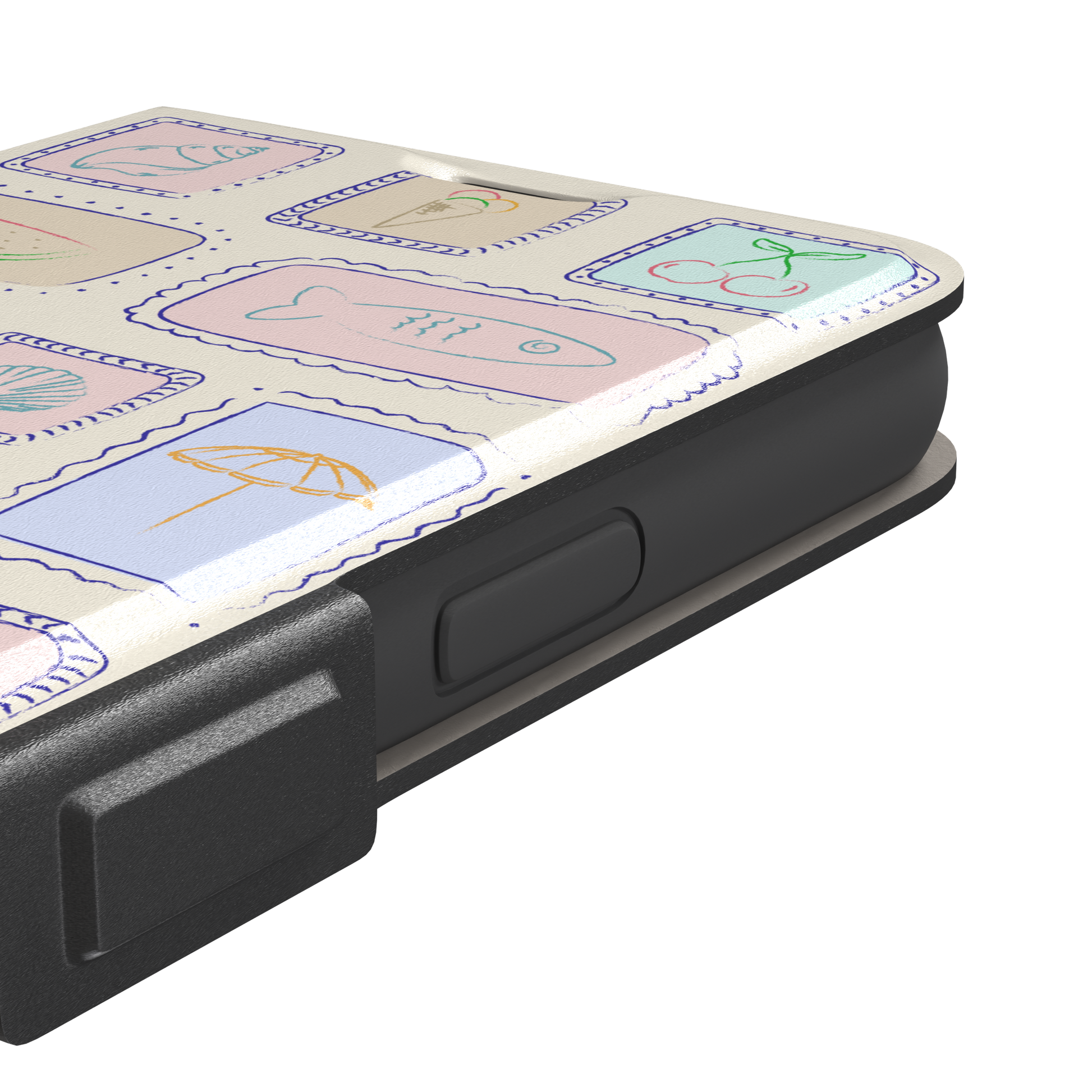 Summer Frames phone case variant with pastel-filled stamp panels in lilac, mint, peach and blue tones on a cream background, phone case by Caselier — wallet case, volume buttons detail