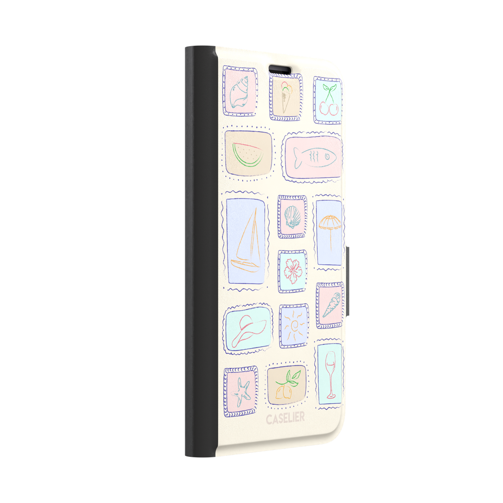 Summer Frames phone case variant with pastel-filled stamp panels in lilac, mint, peach and blue tones on a cream background, phone case by Caselier — wallet case, left view