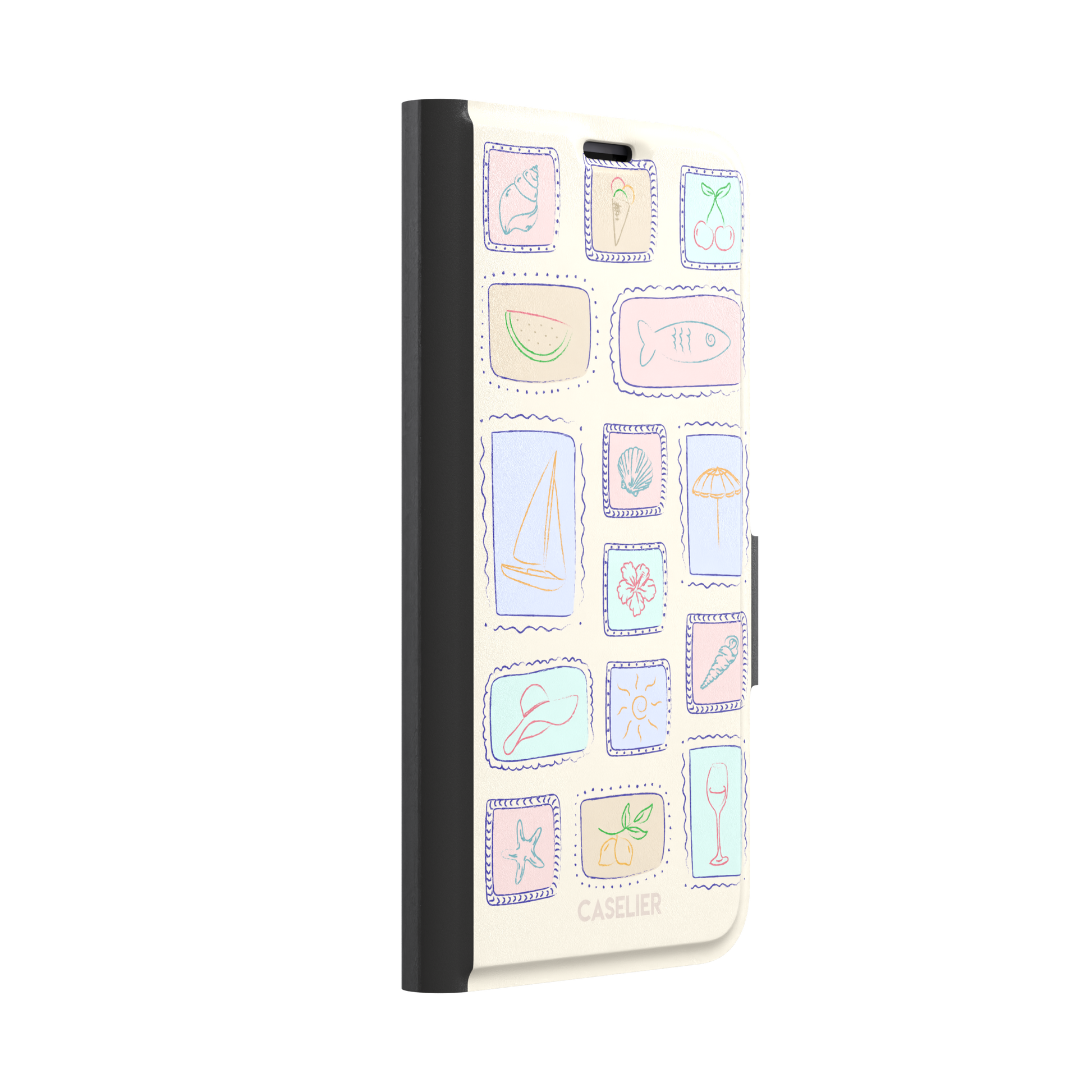 Summer Frames phone case variant with pastel-filled stamp panels in lilac, mint, peach and blue tones on a cream background, phone case by Caselier — wallet case, left view