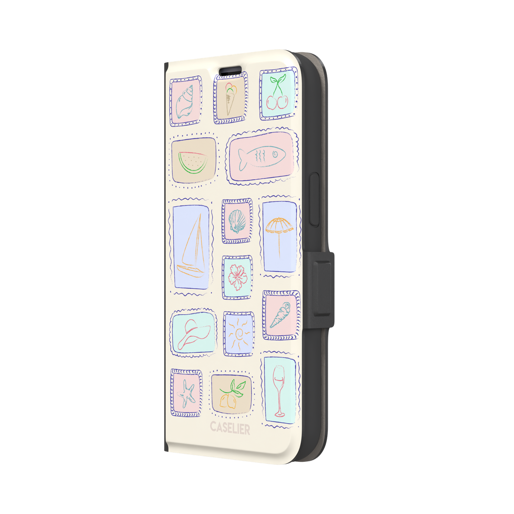 Summer Frames phone case variant with pastel-filled stamp panels in lilac, mint, peach and blue tones on a cream background, phone case by Caselier — wallet case, right view