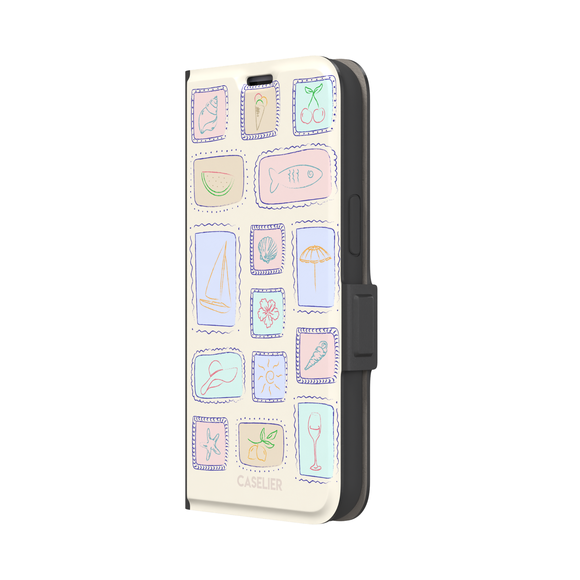 Summer Frames phone case variant with pastel-filled stamp panels in lilac, mint, peach and blue tones on a cream background, phone case by Caselier — wallet case, right view