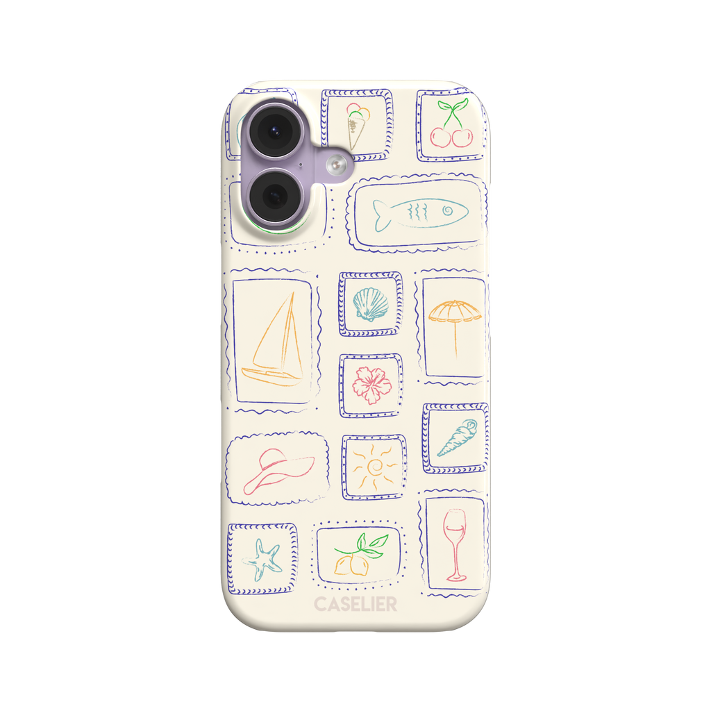 Summer Frames phone case with hand-drawn stamp grid of summer icons in multicolor line art on a cream background, by Caselier — snap case, front view