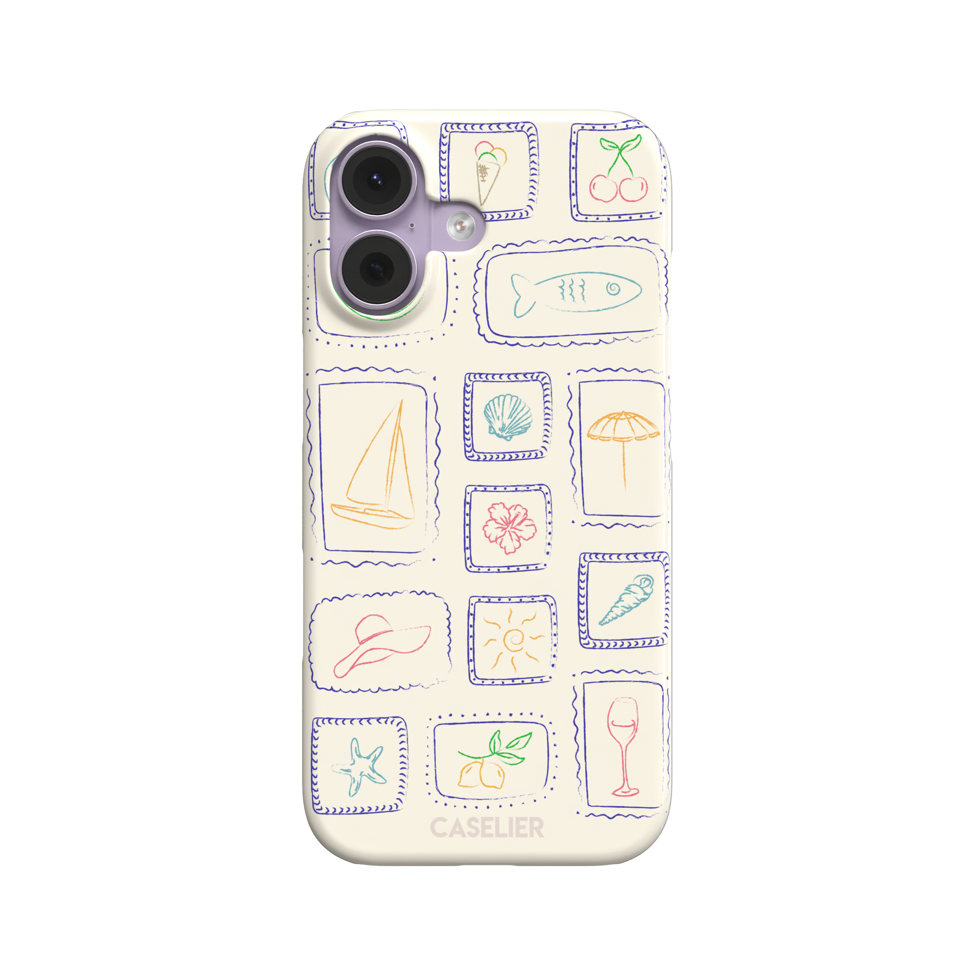 Summer Frames phone case with hand-drawn stamp grid of summer icons in multicolor line art on a cream background, by Caselier — snap case, front view