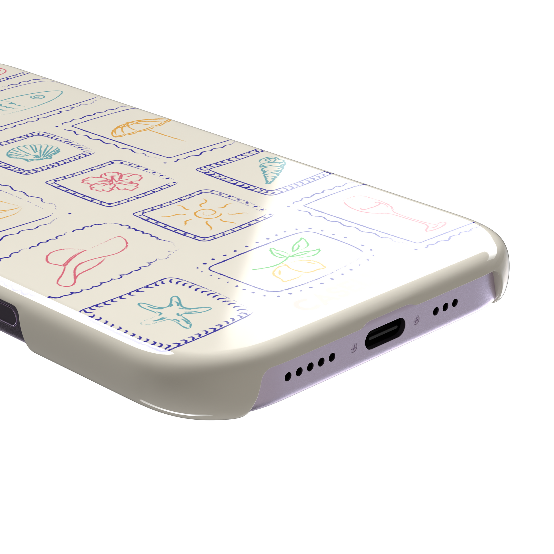 Summer Frames phone case with hand-drawn stamp grid of summer icons in multicolor line art on a cream background, by Caselier — snap case, charging port detail