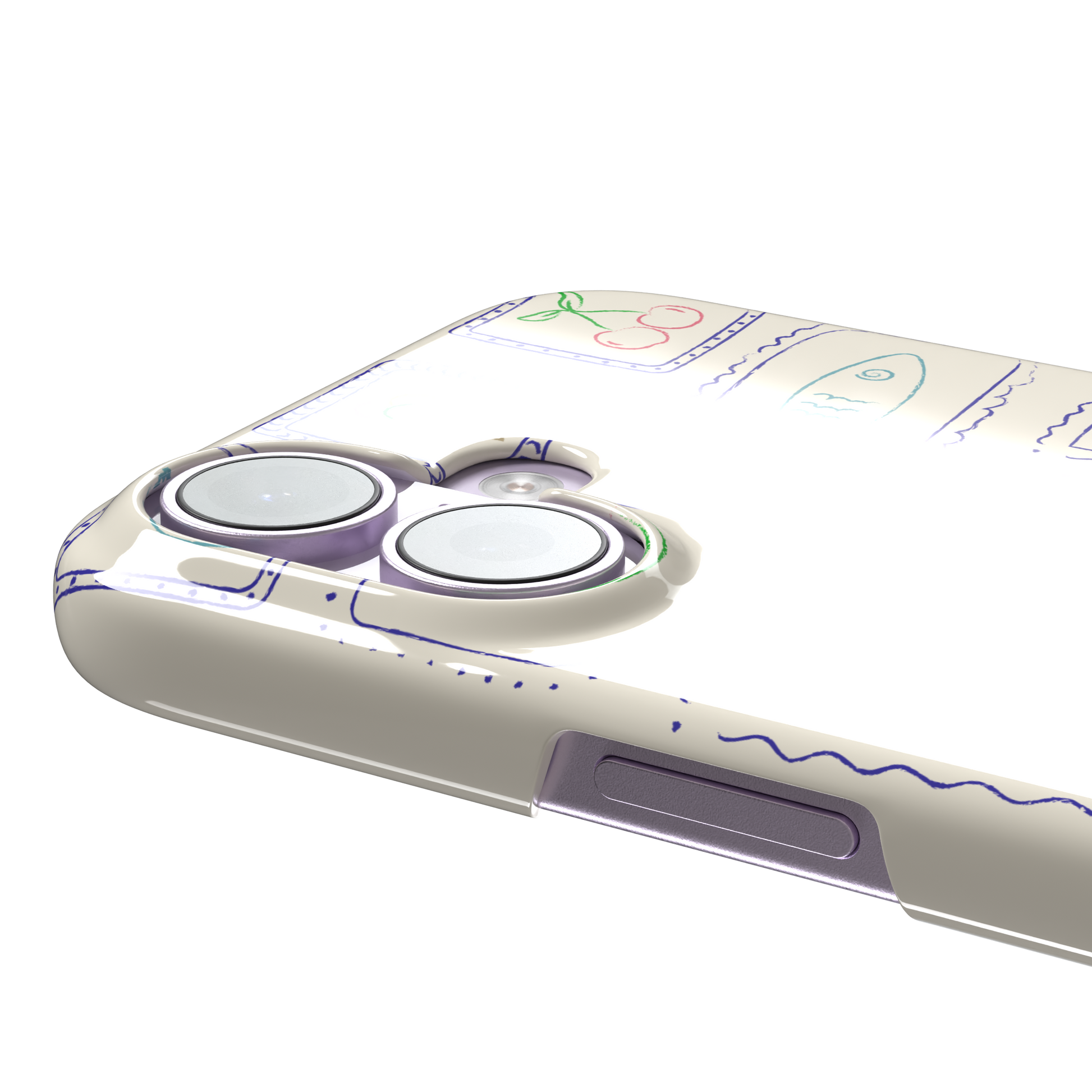 Summer Frames phone case with hand-drawn stamp grid of summer icons in multicolor line art on a cream background, by Caselier — snap case, volume buttons detail