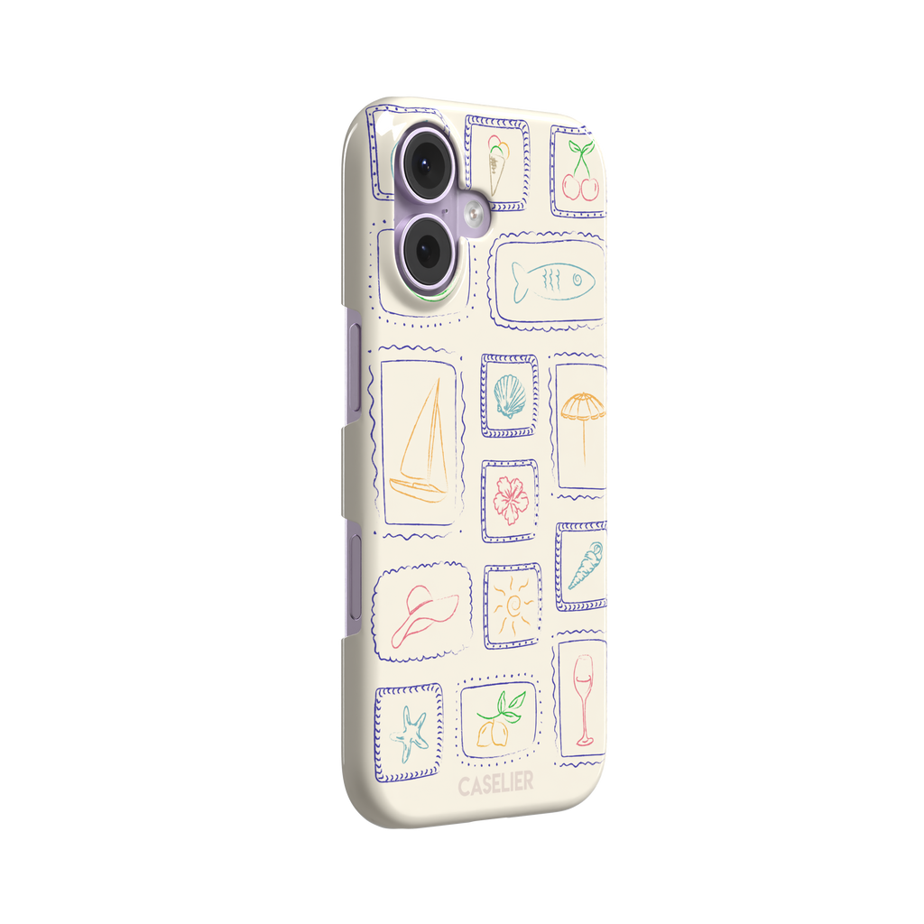 Summer Frames phone case with hand-drawn stamp grid of summer icons in multicolor line art on a cream background, by Caselier — snap case, left view