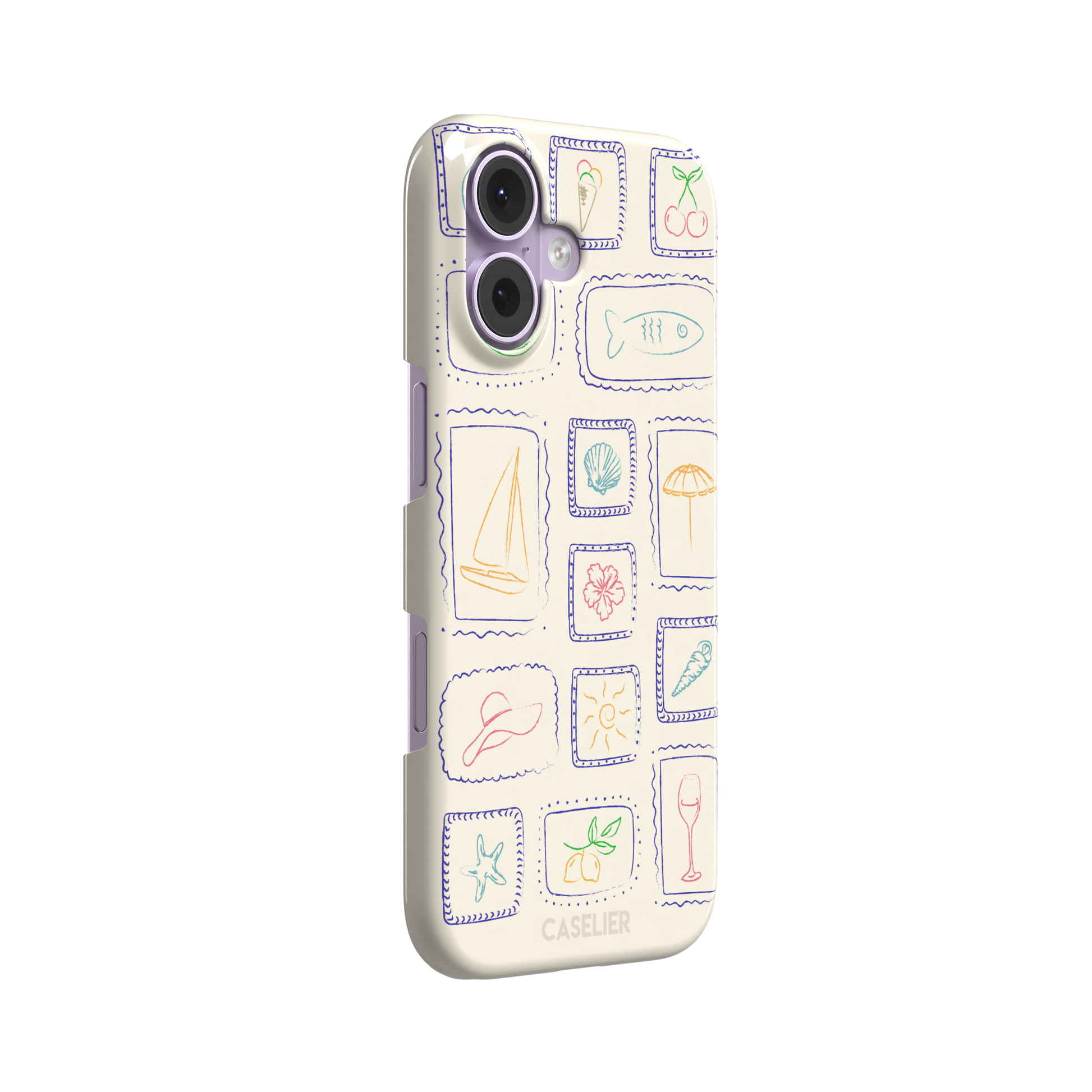 Summer Frames phone case with hand-drawn stamp grid of summer icons in multicolor line art on a cream background, by Caselier — snap case, left view