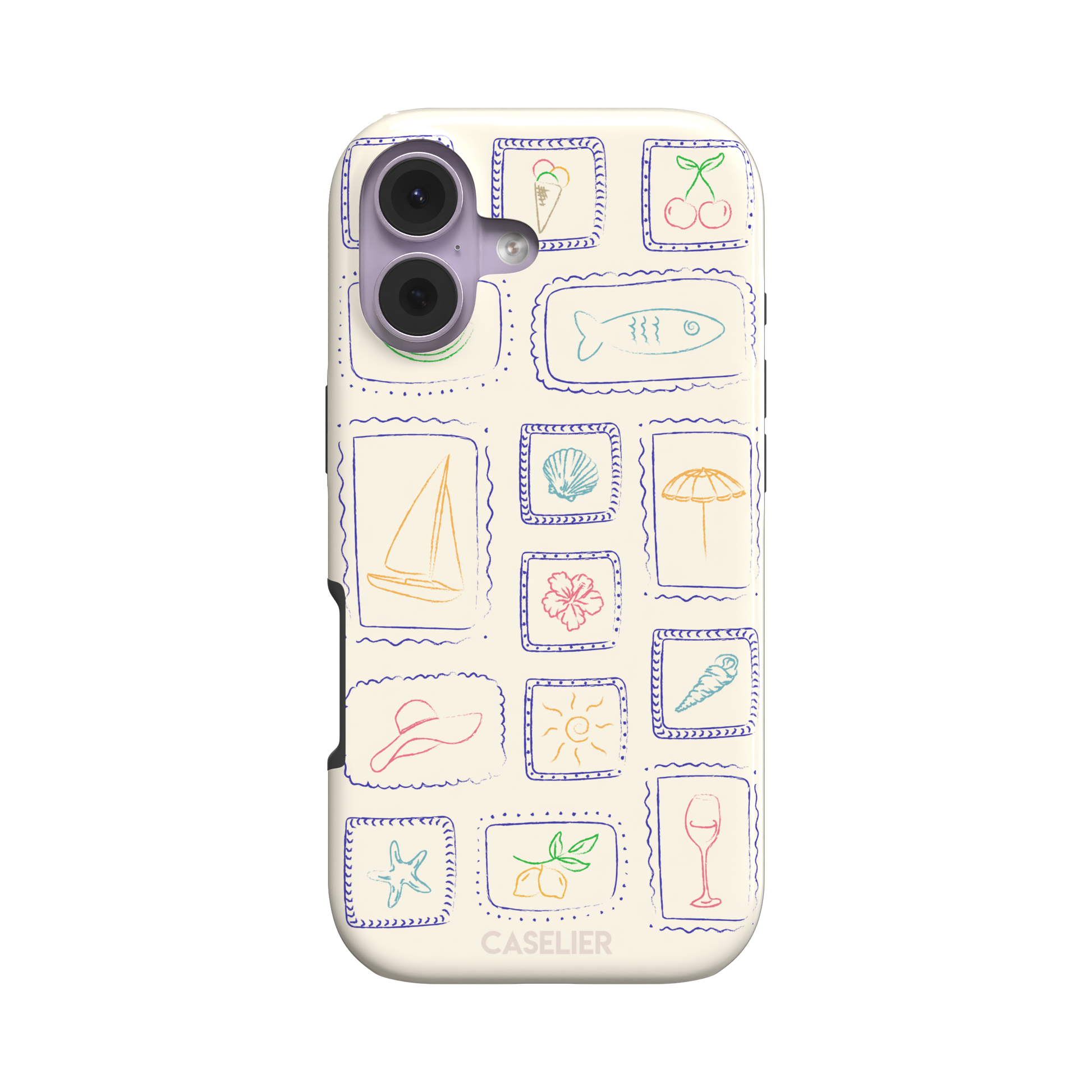 Summer Frames phone case with hand-drawn stamp grid of summer icons in multicolor line art on a cream background, by Caselier — tough case, front view