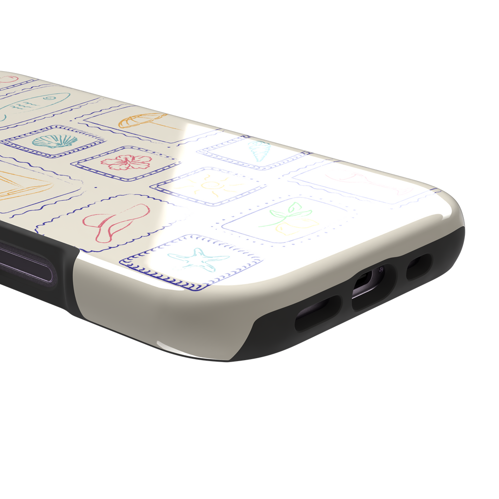 Summer Frames phone case with hand-drawn stamp grid of summer icons in multicolor line art on a cream background, by Caselier — tough case, charging port detail