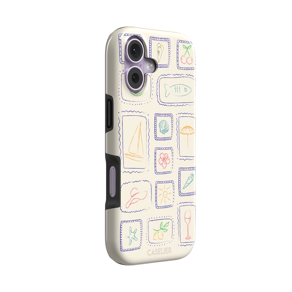 Summer Frames phone case with hand-drawn stamp grid of summer icons in multicolor line art on a cream background, by Caselier — tough case, left view