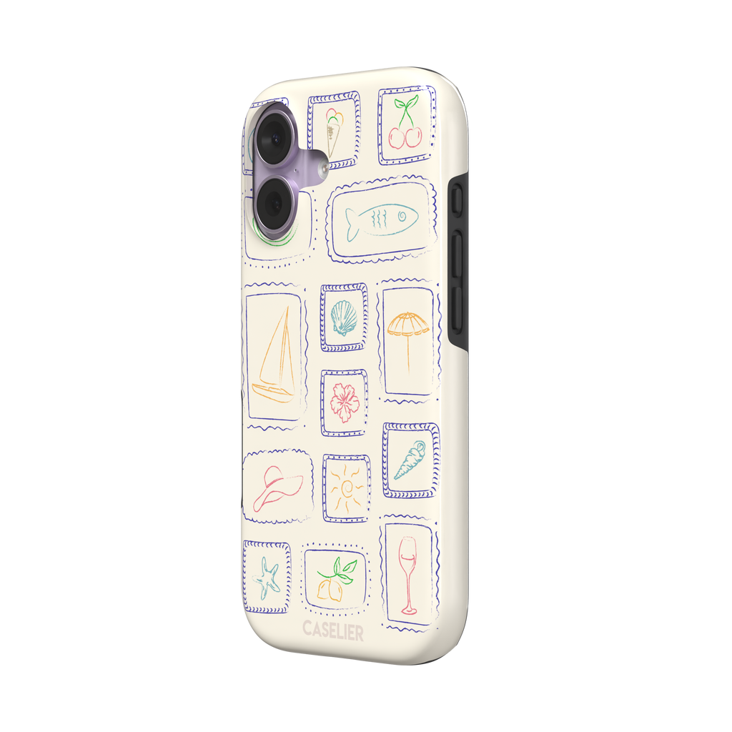 Summer Frames phone case with hand-drawn stamp grid of summer icons in multicolor line art on a cream background, by Caselier — tough case, right view