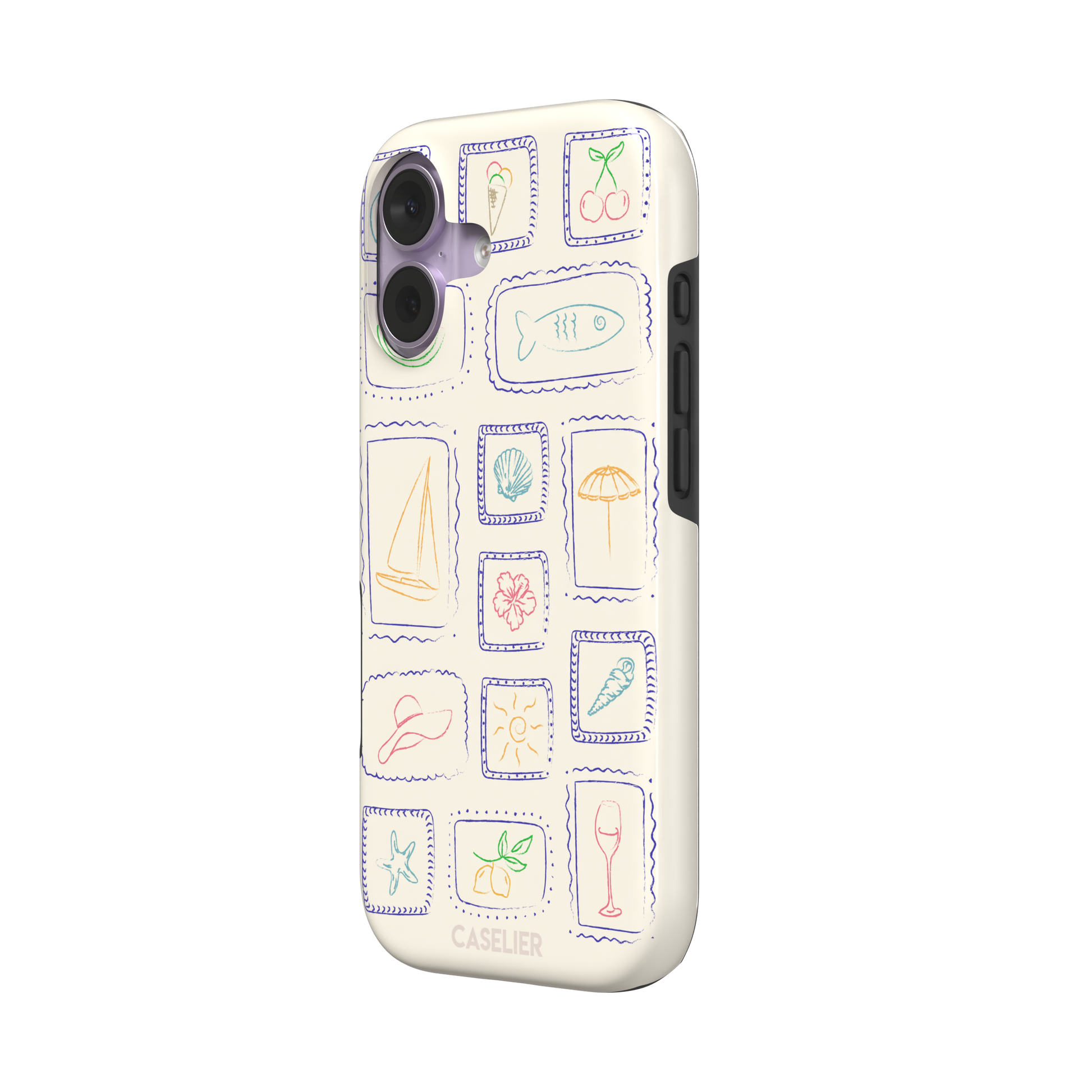 Summer Frames phone case with hand-drawn stamp grid of summer icons in multicolor line art on a cream background, by Caselier — tough case, right view