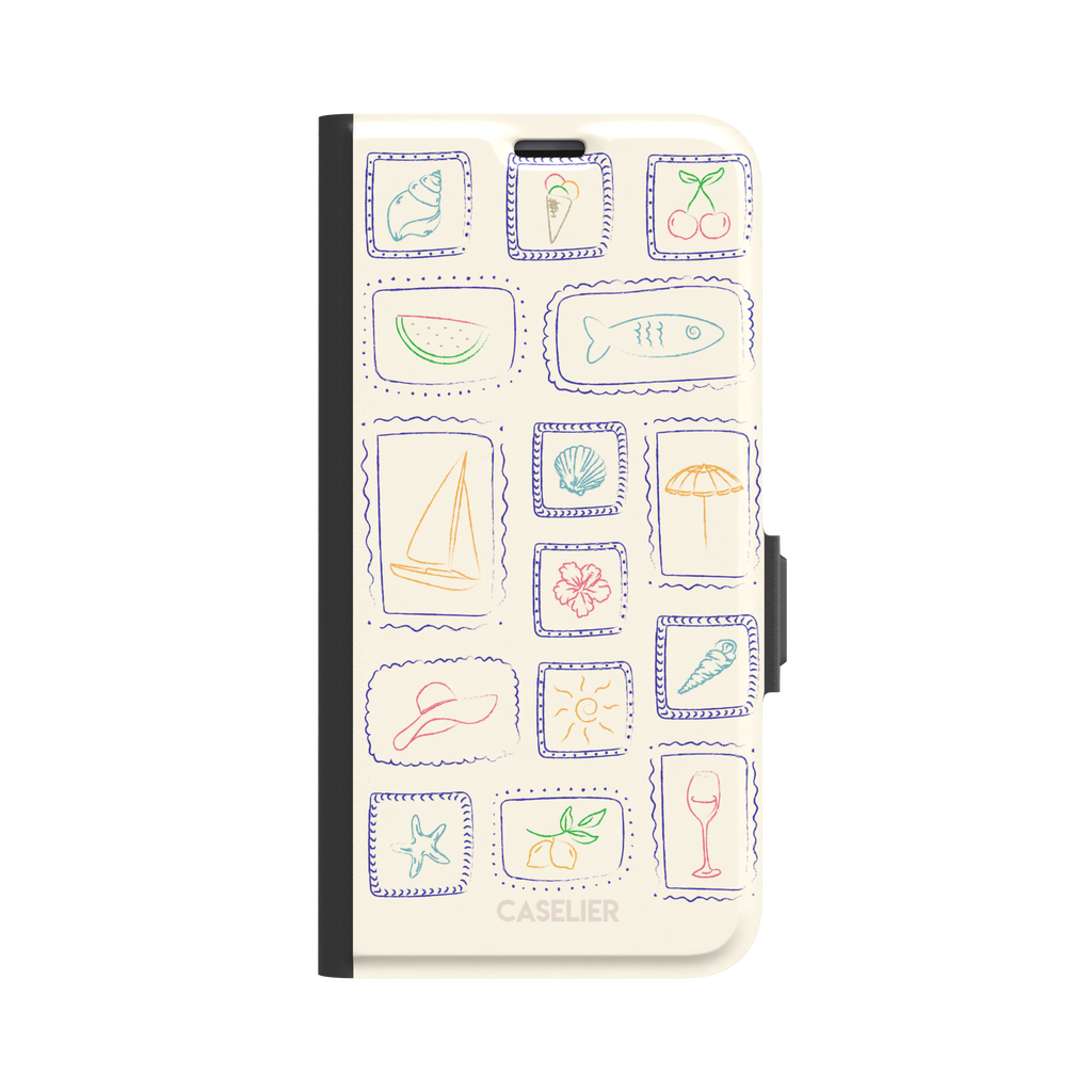 Summer Frames phone case with hand-drawn stamp grid of summer icons in multicolor line art on a cream background, by Caselier — wallet case, front view