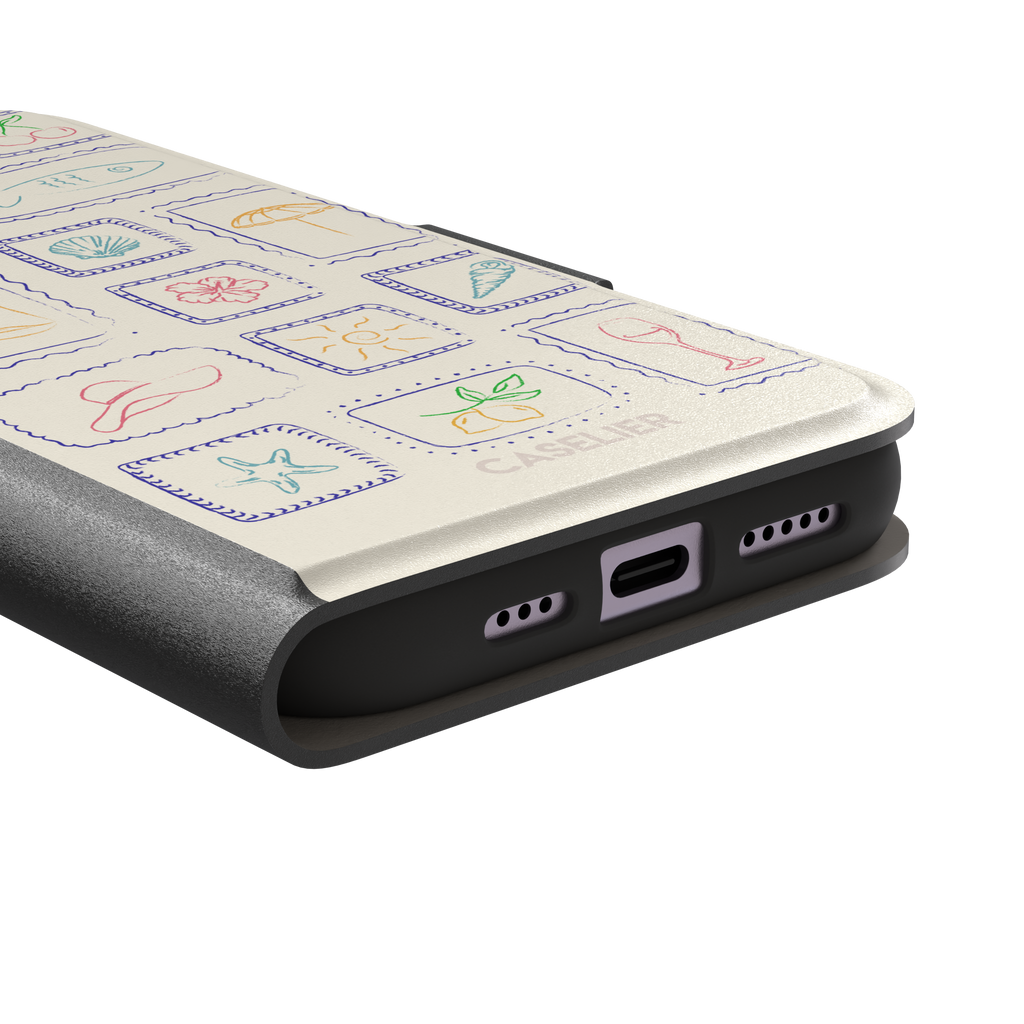 Summer Frames phone case with hand-drawn stamp grid of summer icons in multicolor line art on a cream background, by Caselier — wallet case, charging port detail