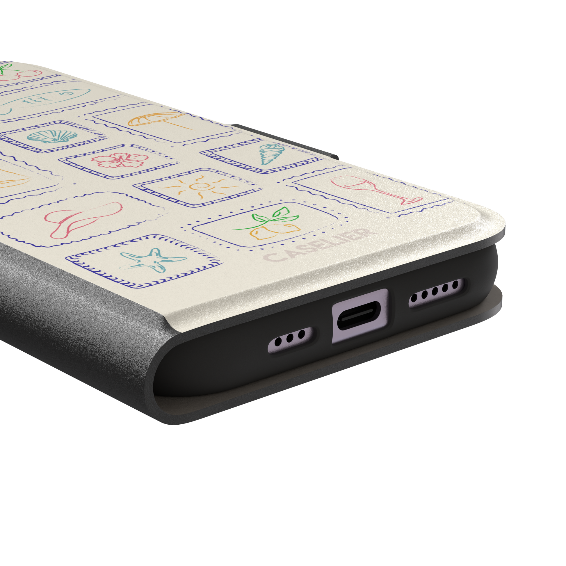 Summer Frames phone case with hand-drawn stamp grid of summer icons in multicolor line art on a cream background, by Caselier — wallet case, charging port detail