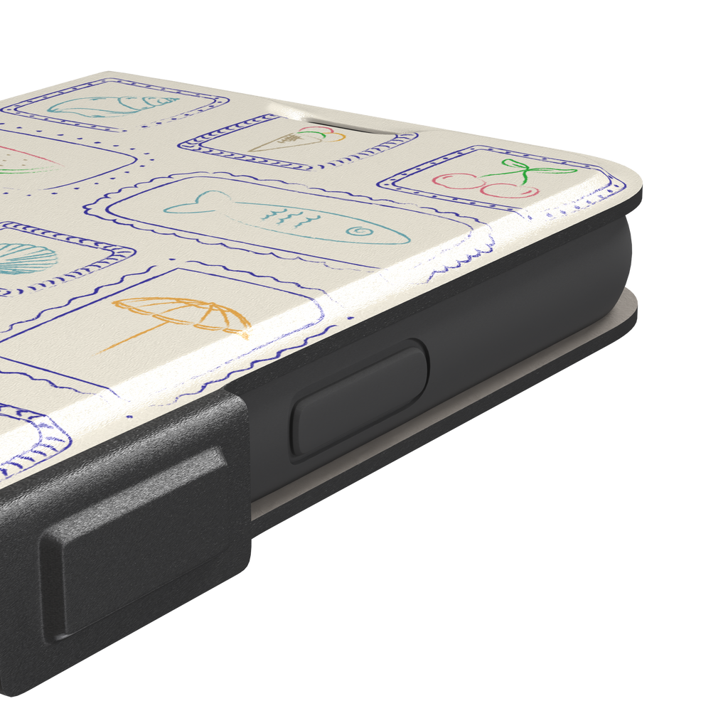 Summer Frames phone case with hand-drawn stamp grid of summer icons in multicolor line art on a cream background, by Caselier — wallet case, volume buttons detail