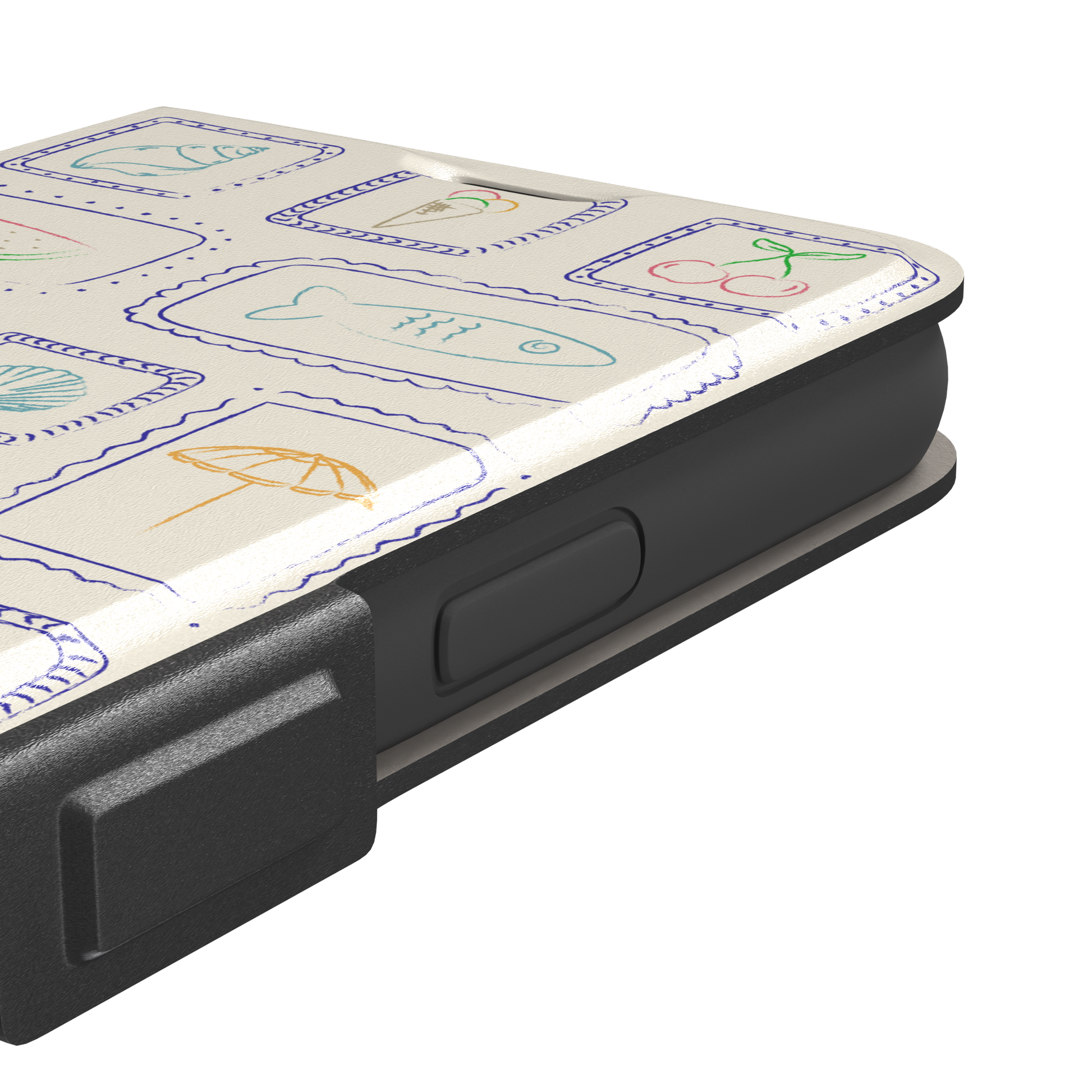 Summer Frames phone case with hand-drawn stamp grid of summer icons in multicolor line art on a cream background, by Caselier — wallet case, volume buttons detail