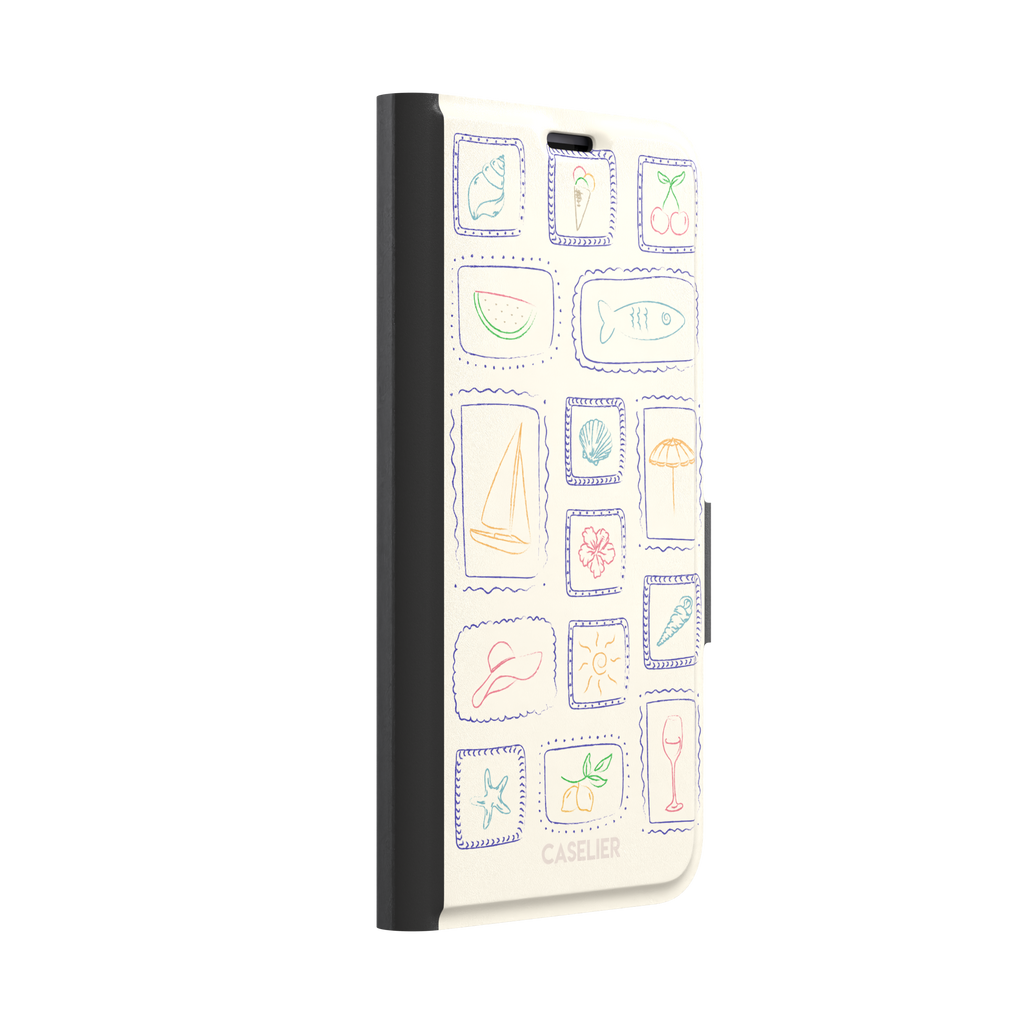 Summer Frames phone case with hand-drawn stamp grid of summer icons in multicolor line art on a cream background, by Caselier — wallet case, left view