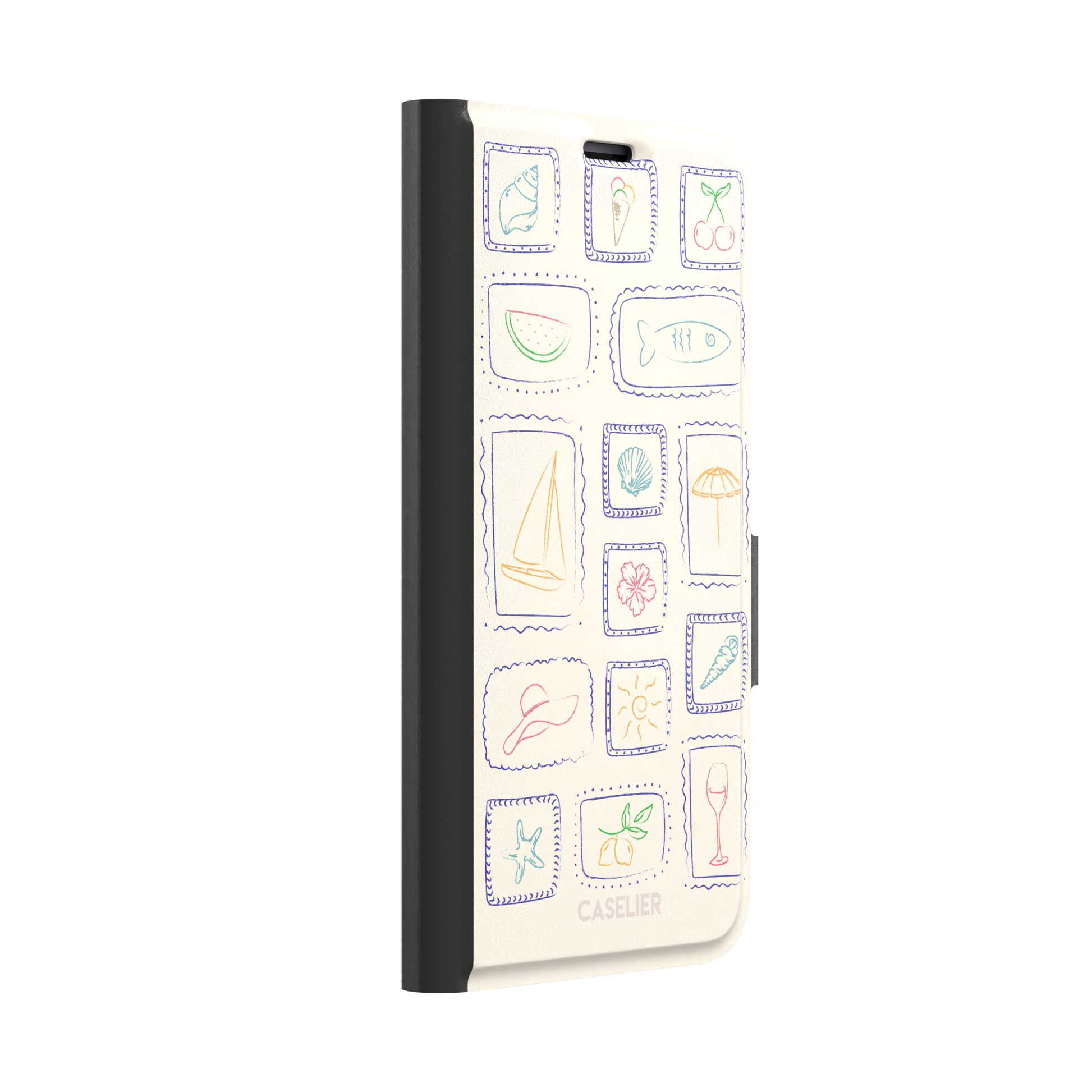Summer Frames phone case with hand-drawn stamp grid of summer icons in multicolor line art on a cream background, by Caselier — wallet case, left view